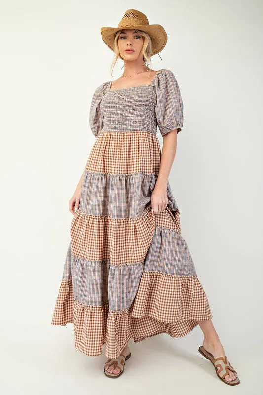 JESSIE PLAID MIX TIERED MAXI DRESS