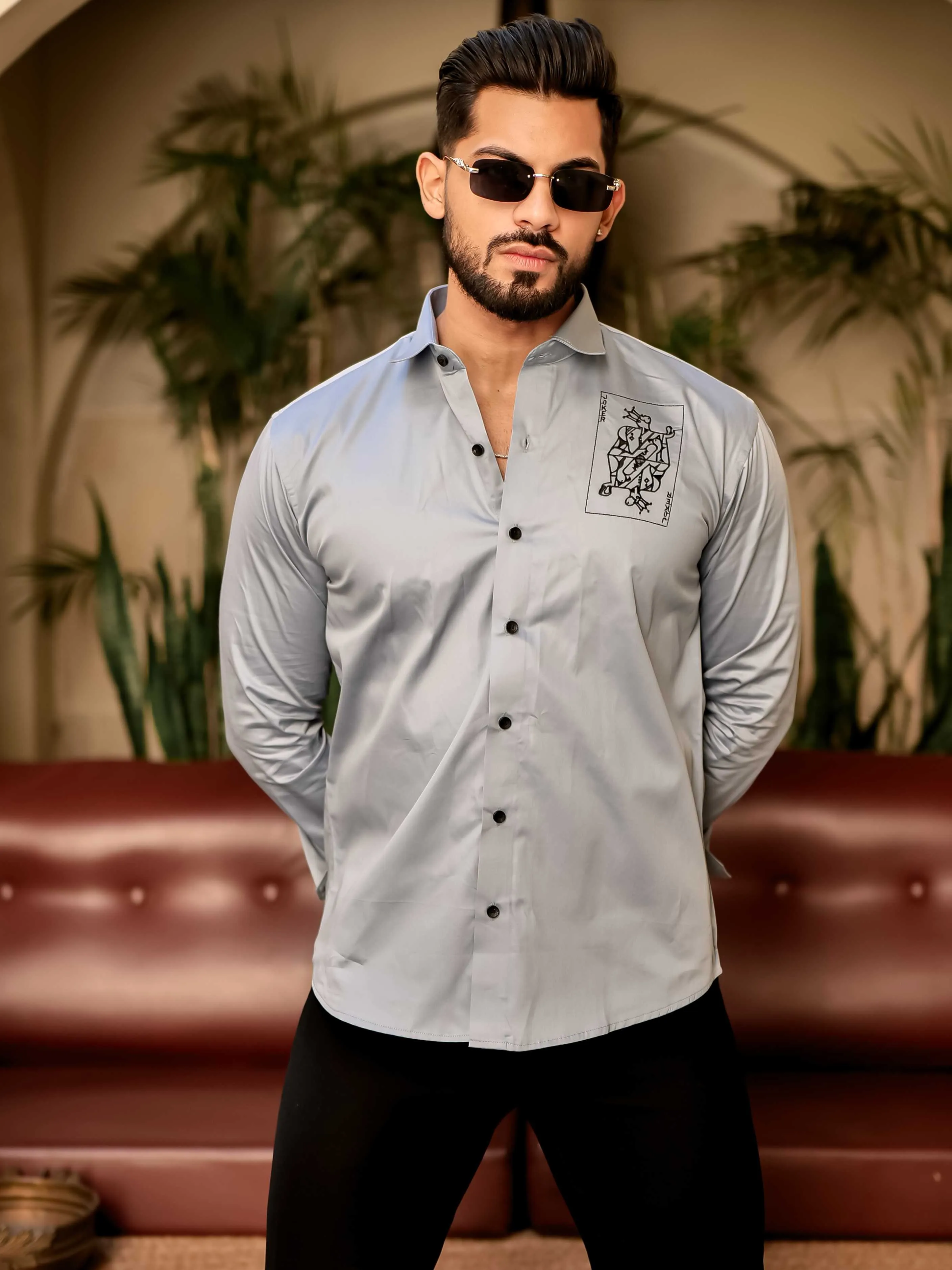 Joker Sky Embroidered Club Wear Satin Cotton Shirt