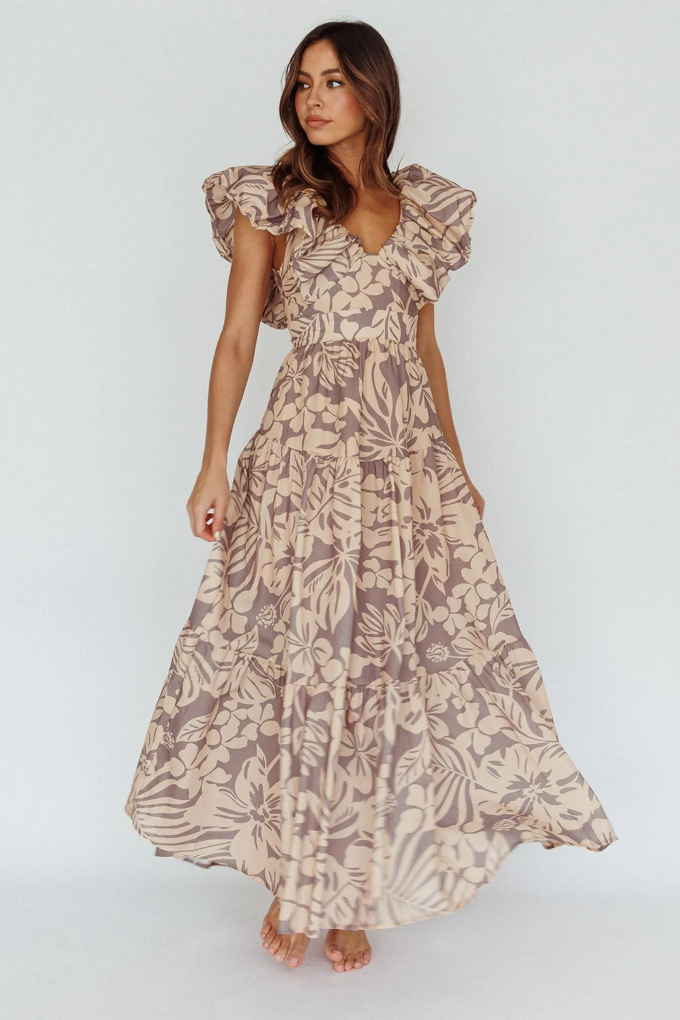 Kahlo Puffed Ruffle Neckline Maxi Dress Print Beige