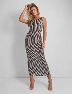 Kaiia Knitted One Shoulder Maxi Dress Black and White Stripe