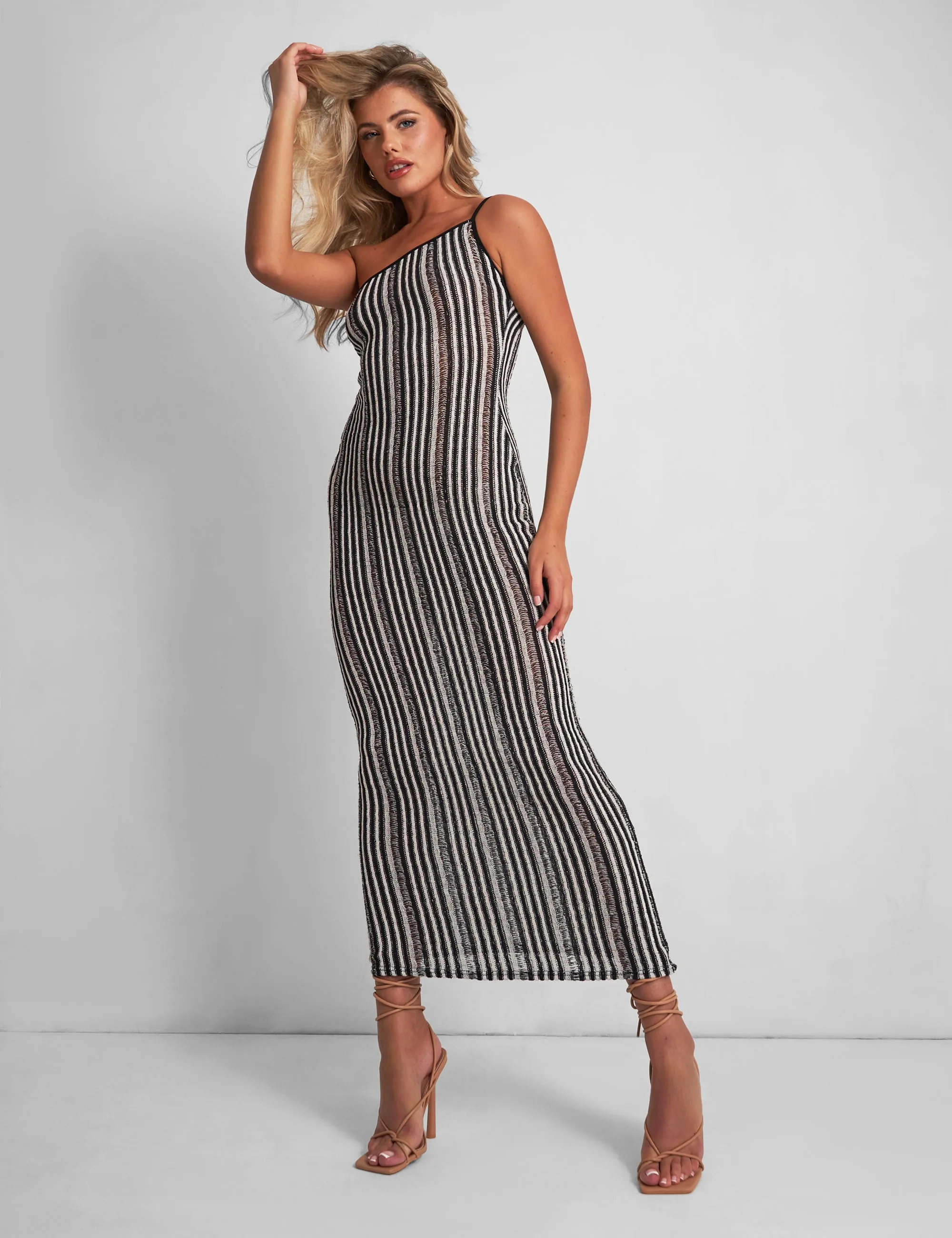 Kaiia Knitted One Shoulder Maxi Dress Black and White Stripe