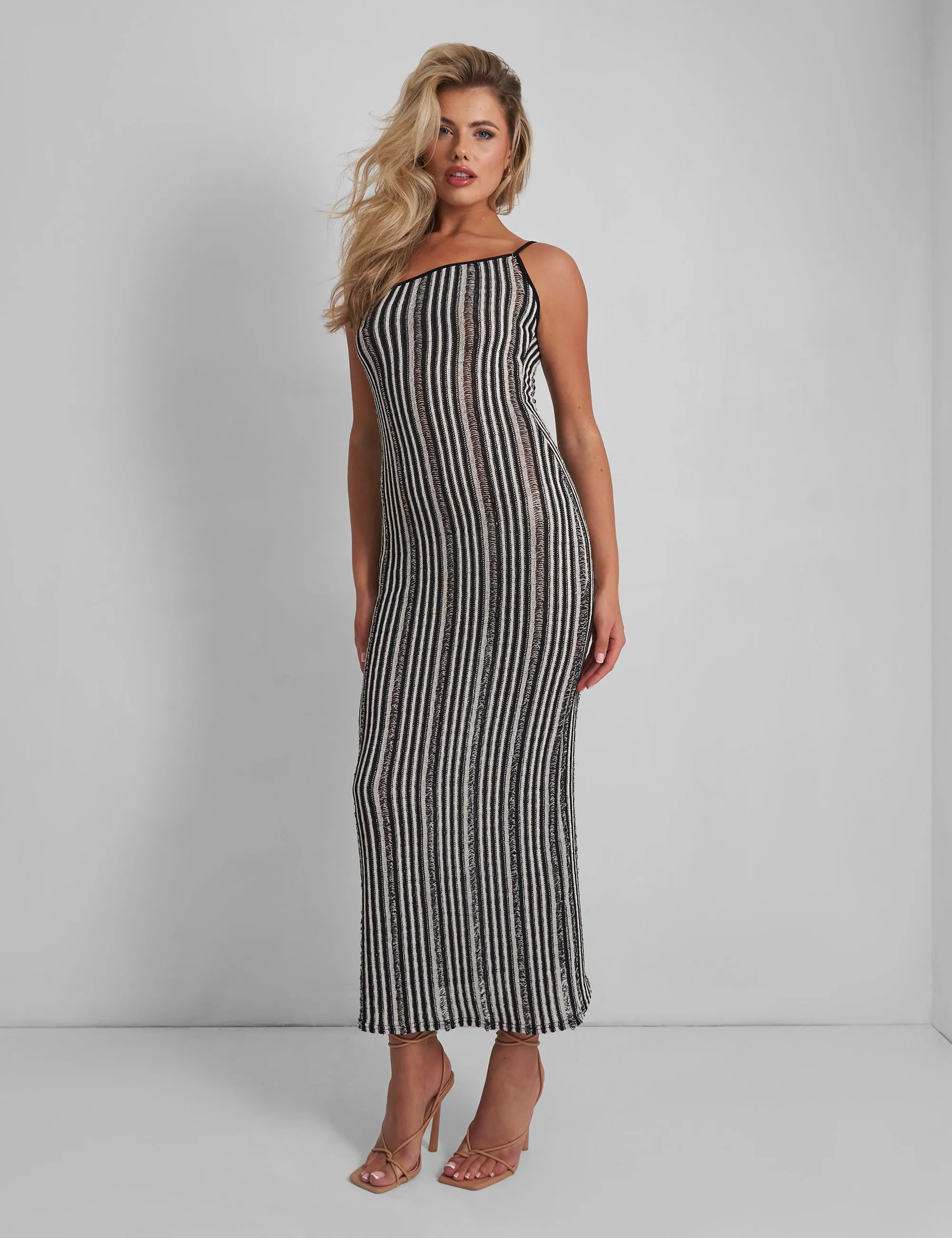 Kaiia Knitted One Shoulder Maxi Dress Black and White Stripe