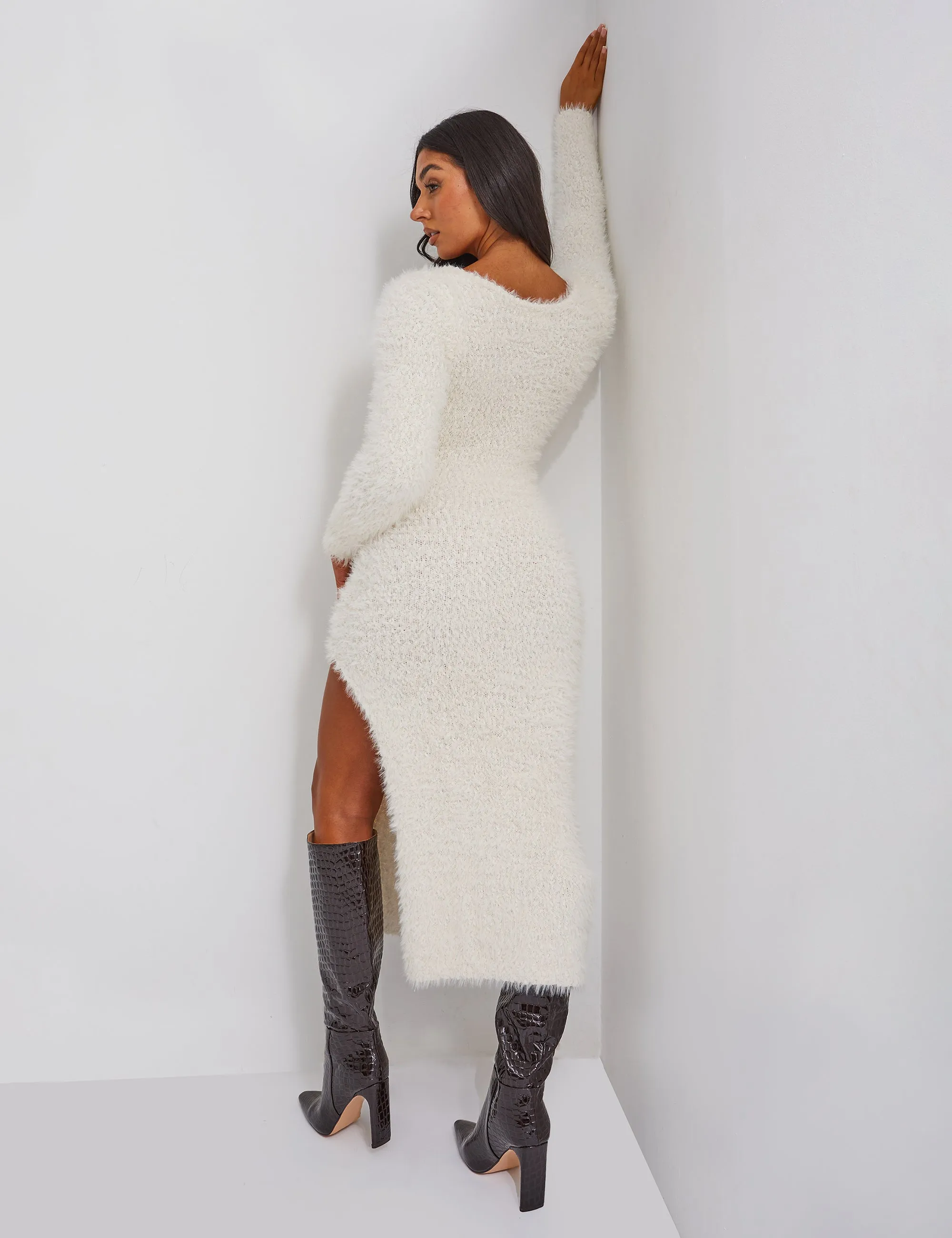 Kaiia Plunge Maxi Boucle Jumper Dress in Cream