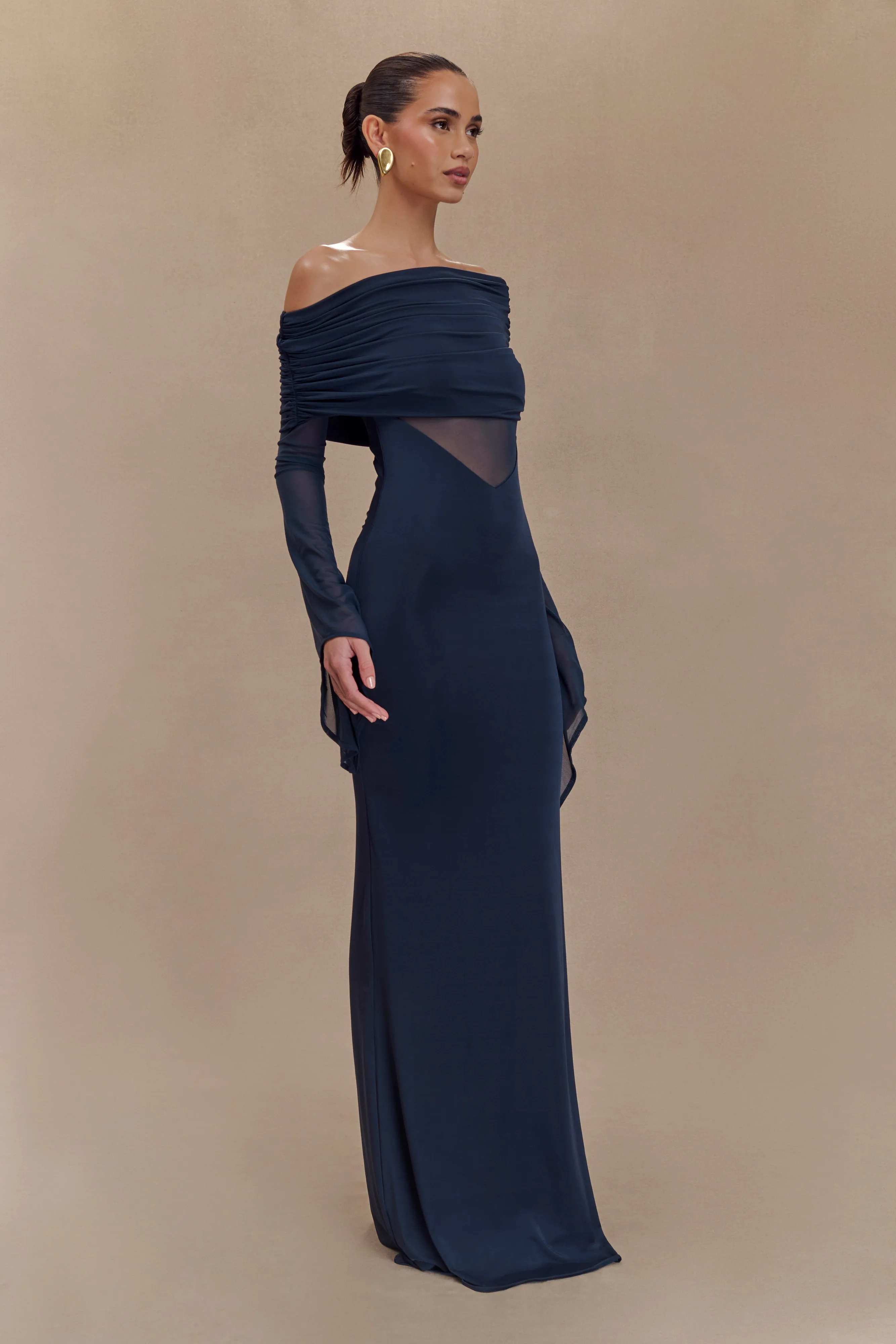 Kaitlin One Shoulder Slinky And Mesh Maxi Dress - Midnight Blue