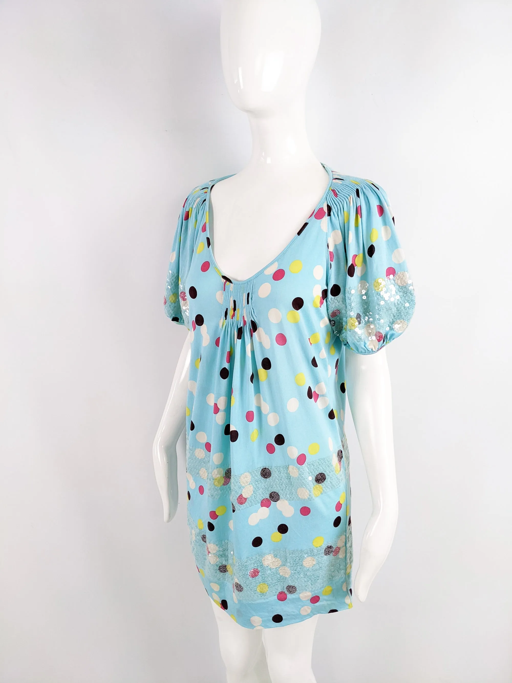 Kenzo Vintage Light Blue y2k Polka Dot & Sequin Dress, 2000s