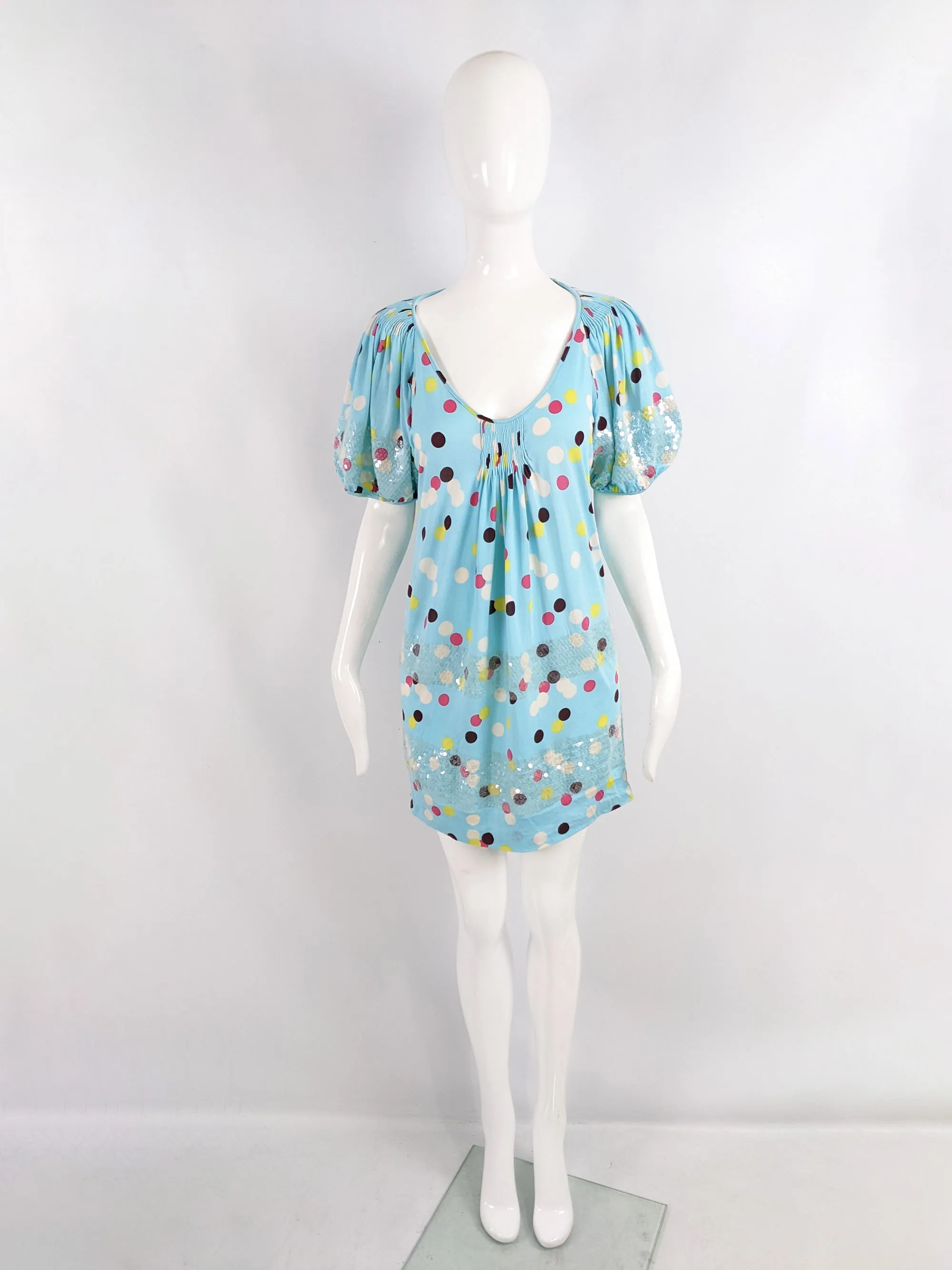 Kenzo Vintage Light Blue y2k Polka Dot & Sequin Dress, 2000s