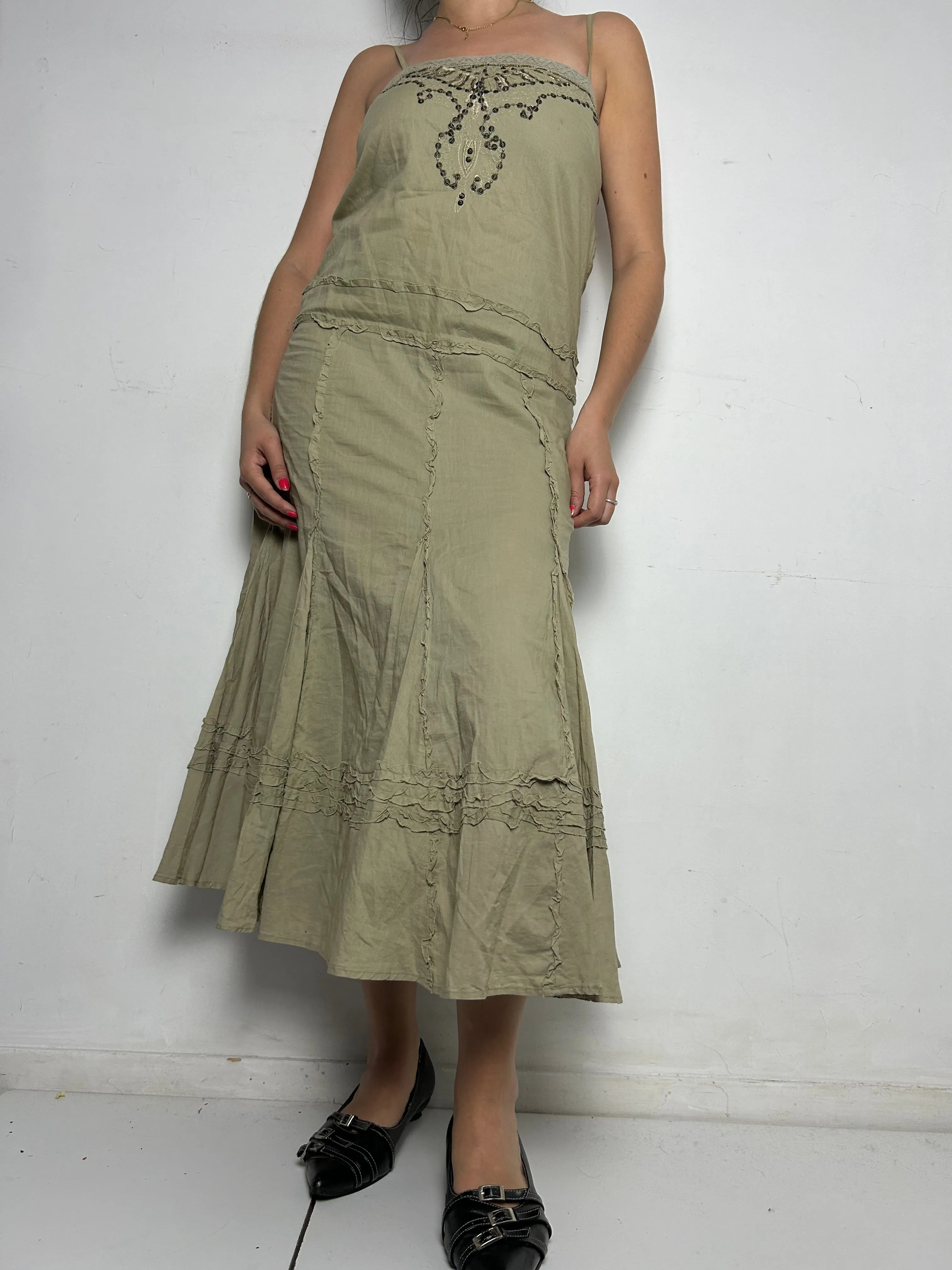 Khaki cotton asymmetric embroidered 90s Y2K vintage mid dress (S/M)