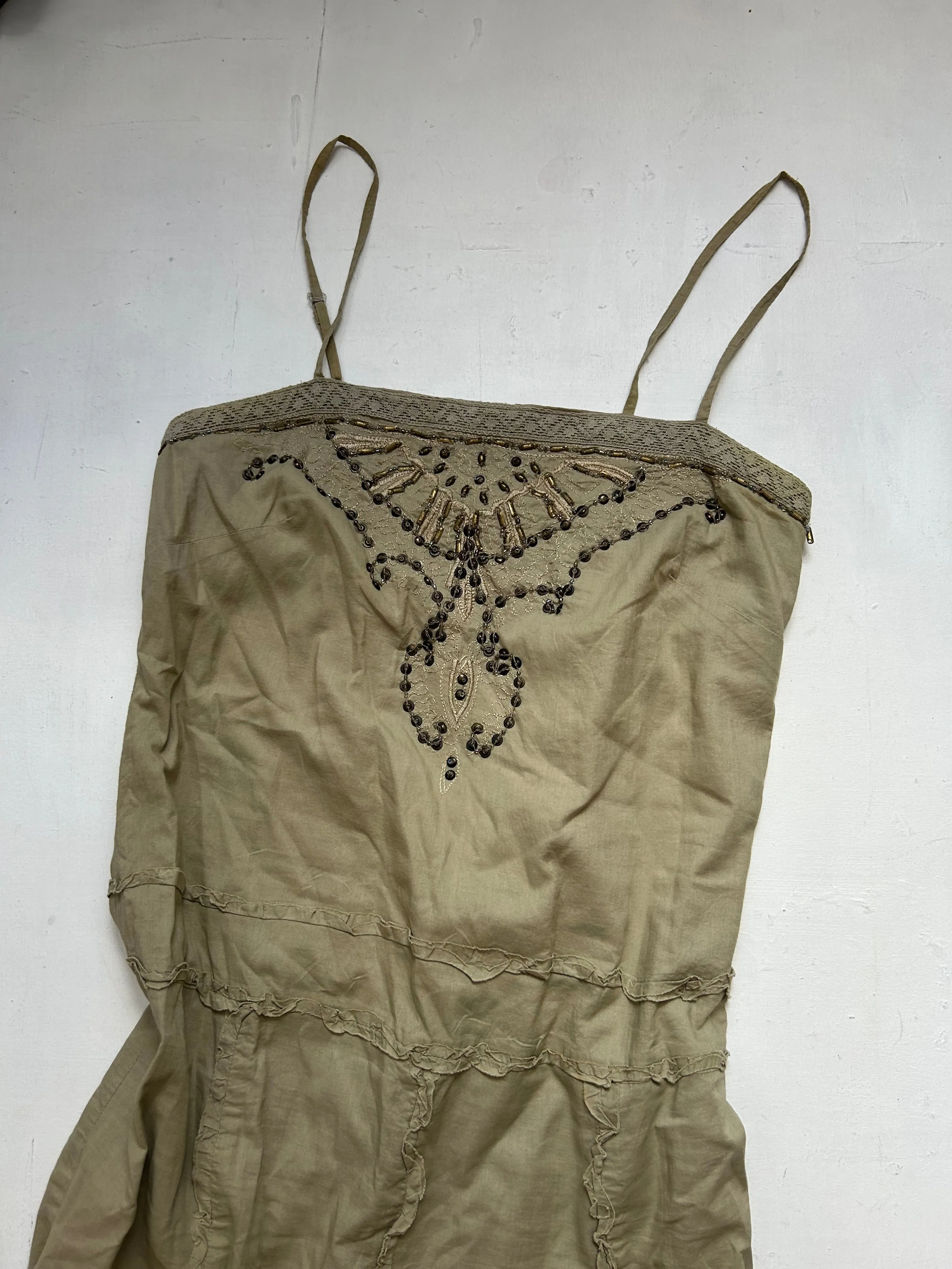 Khaki cotton asymmetric embroidered 90s Y2K vintage mid dress (S/M)