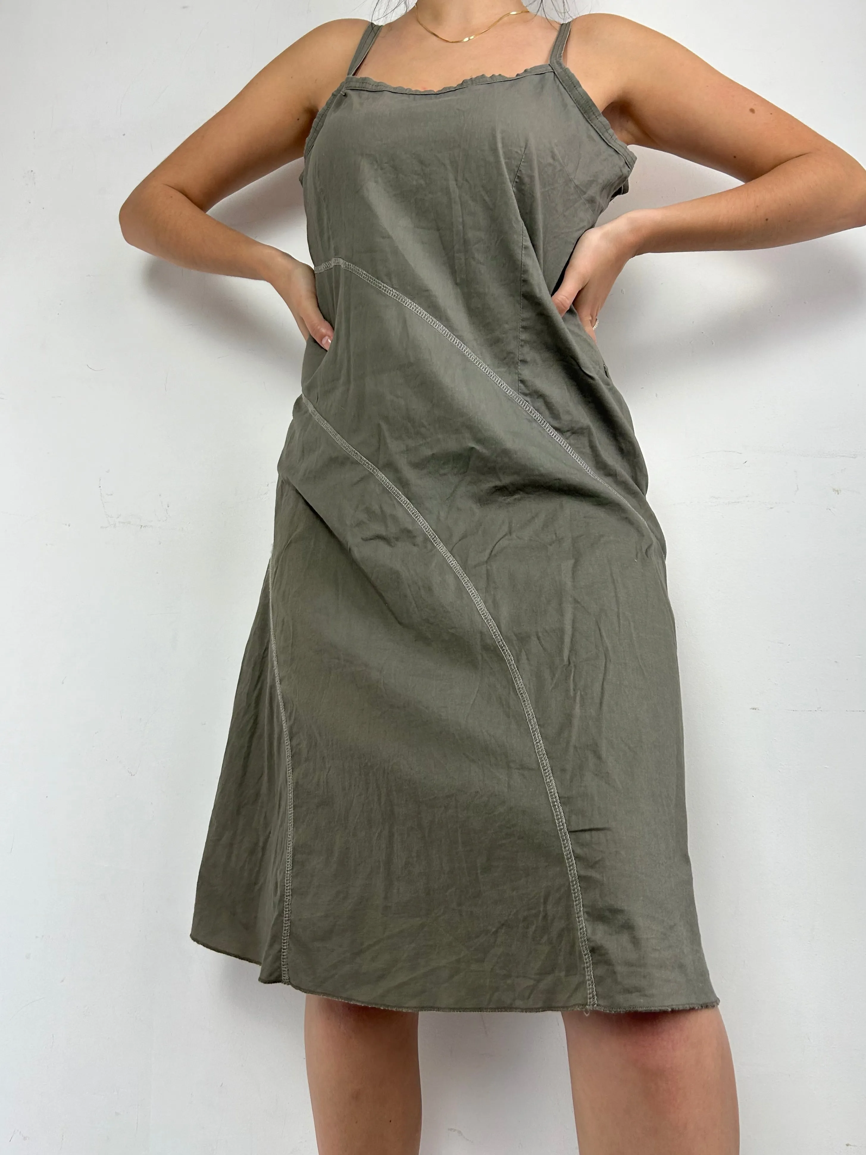 Khaki cotton asymmetric mid dress (M)