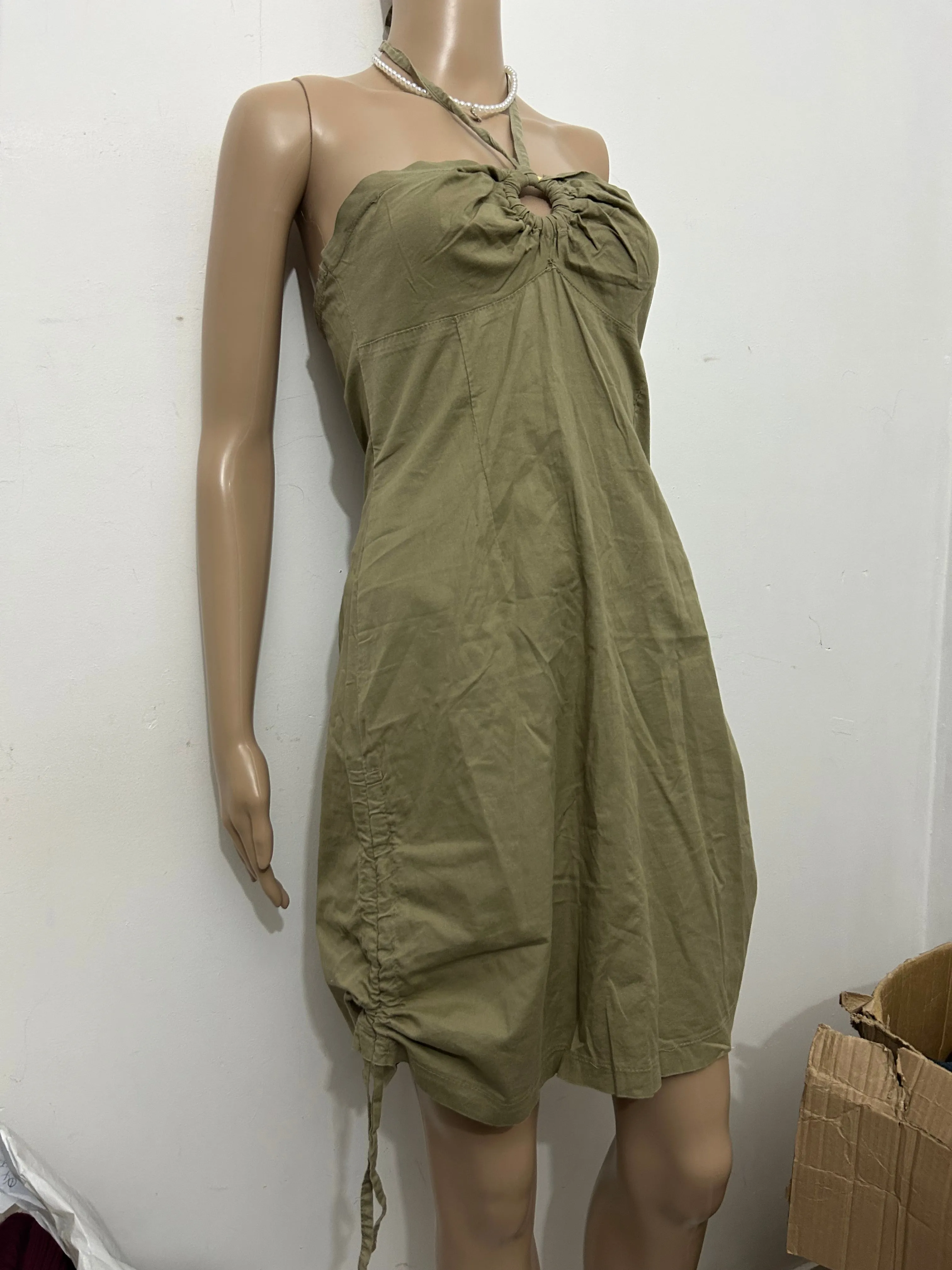 Khaki ruched cotton 90s Y2K vintage halter backless mid dress (S/M)