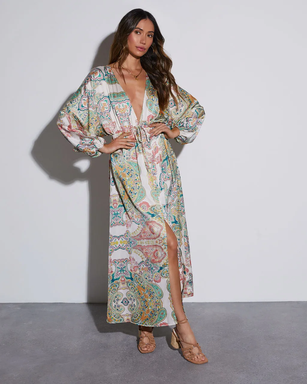 Korina Satin Printed Kimono Empire Waist Maxi Dress