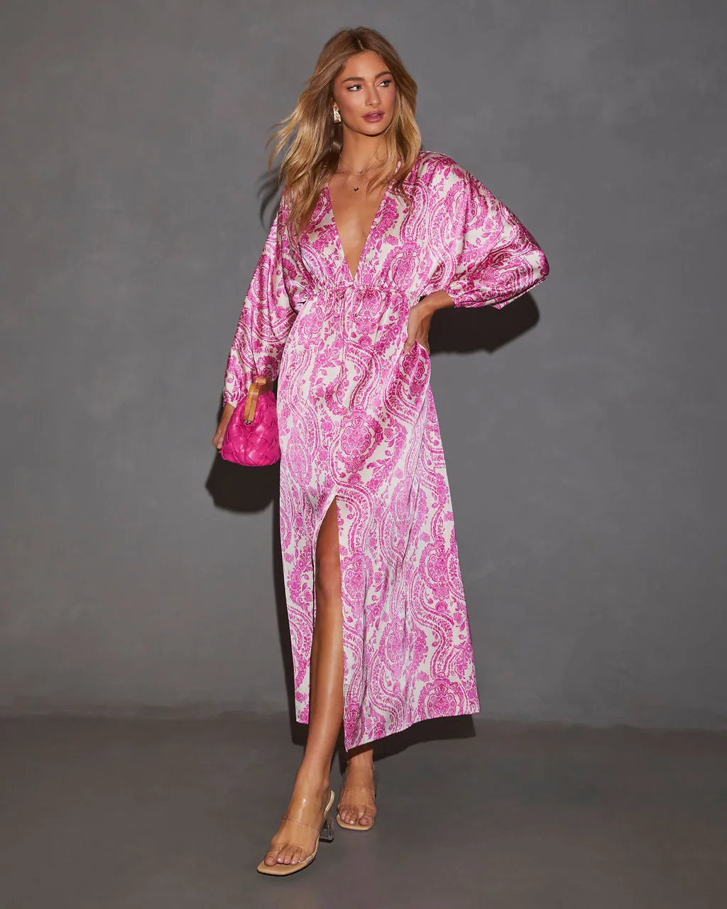 Korina Satin Printed Kimono Empire Waist Maxi Dress