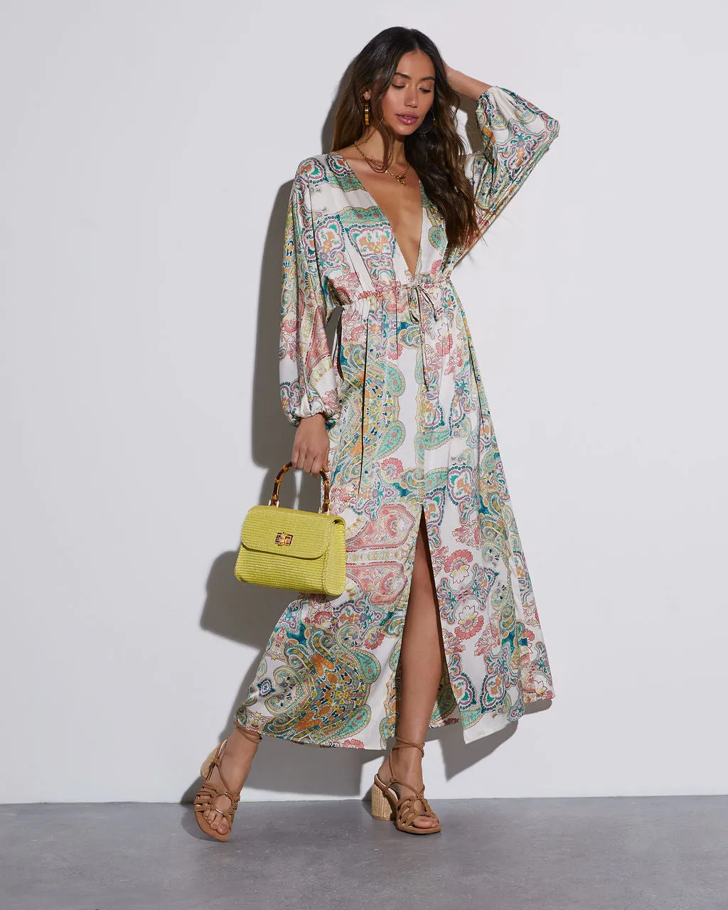 Korina Satin Printed Kimono Empire Waist Maxi Dress