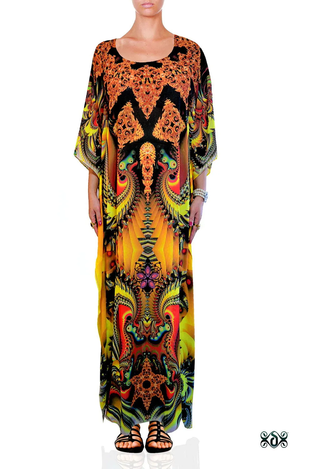 LA FUTURISMO Decorative Yellow Devarshy Long Embellished Kaftan - 1062B