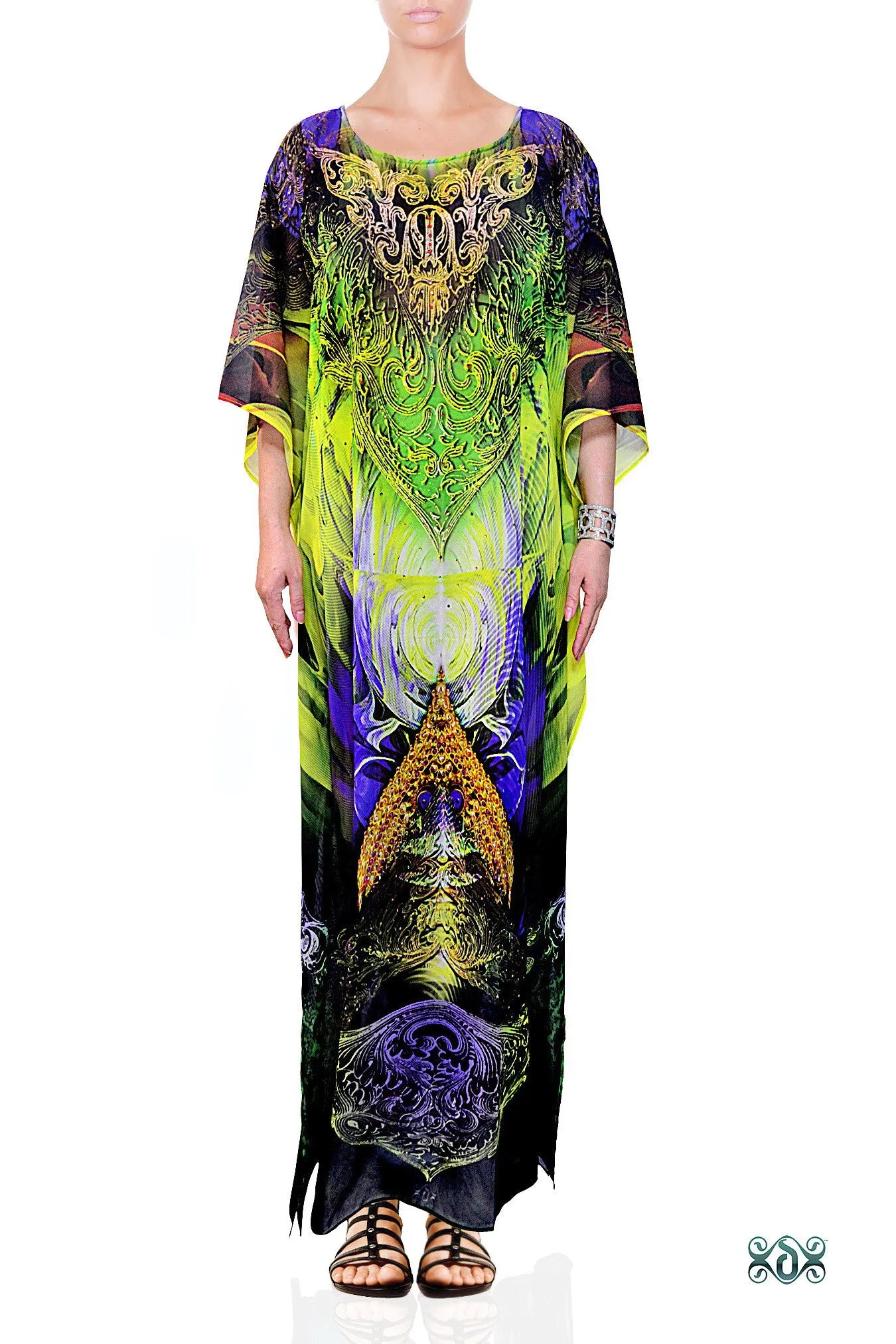 LA FUTURISMO Sparkling Green Printed Devarshy Long Embellished Kaftan - 1052A