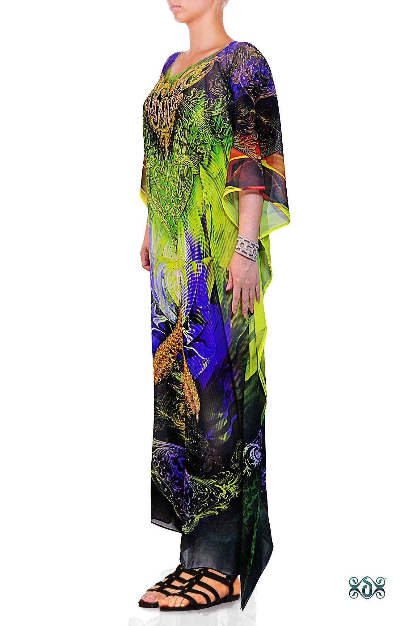 LA FUTURISMO Sparkling Green Printed Devarshy Long Embellished Kaftan - 1052A