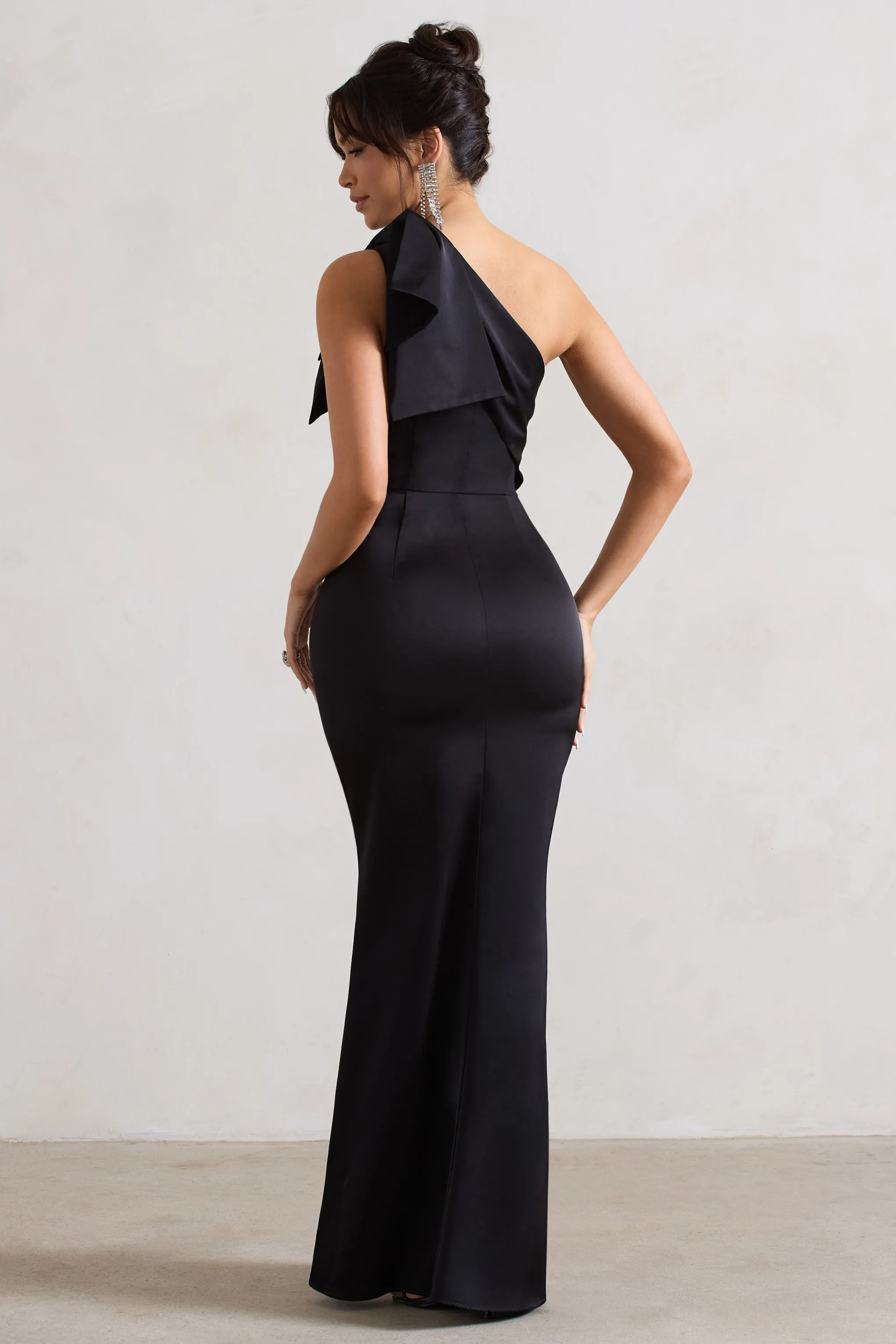 Lady | Black Satin One Shoulder Maxi Dress With Bow