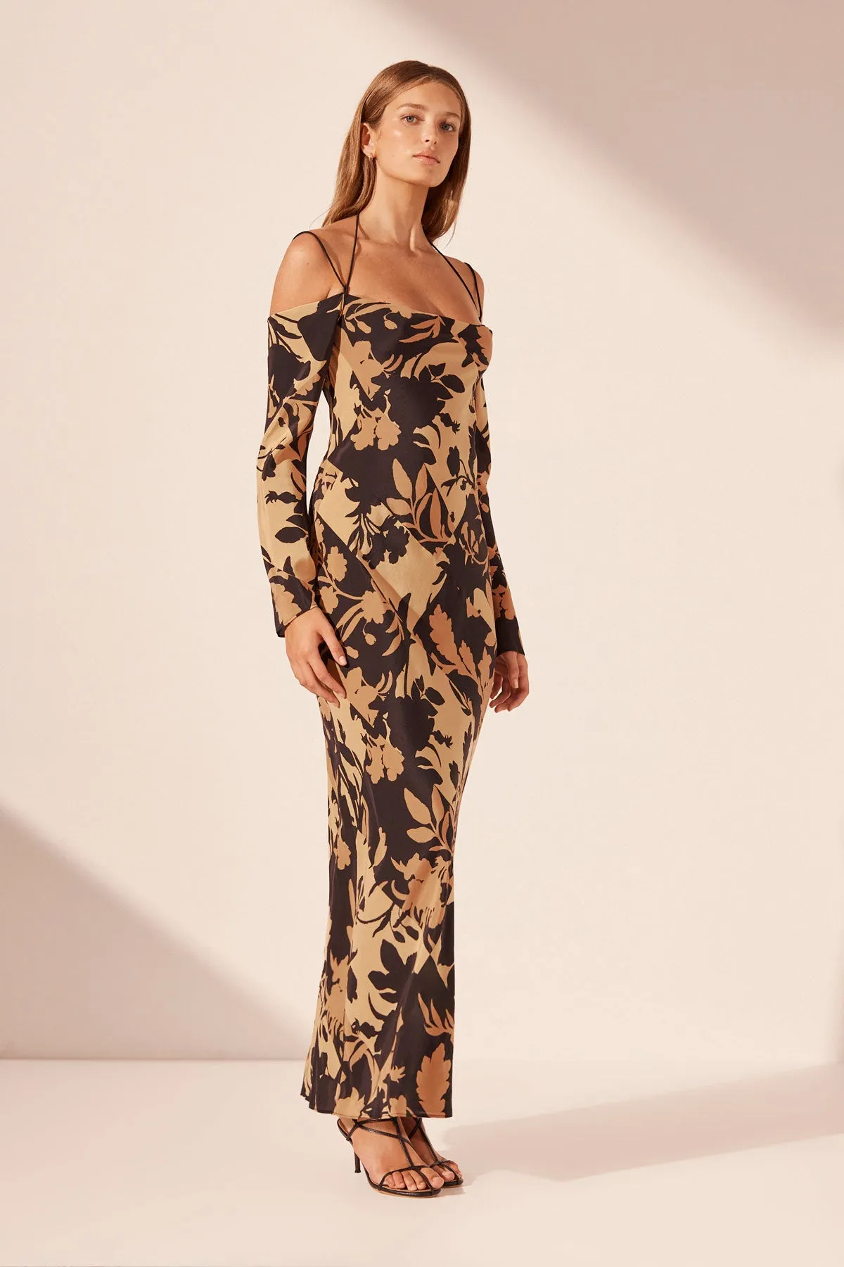 LAI SILK OFF THE SHOULDER TIE MAXI DRESS