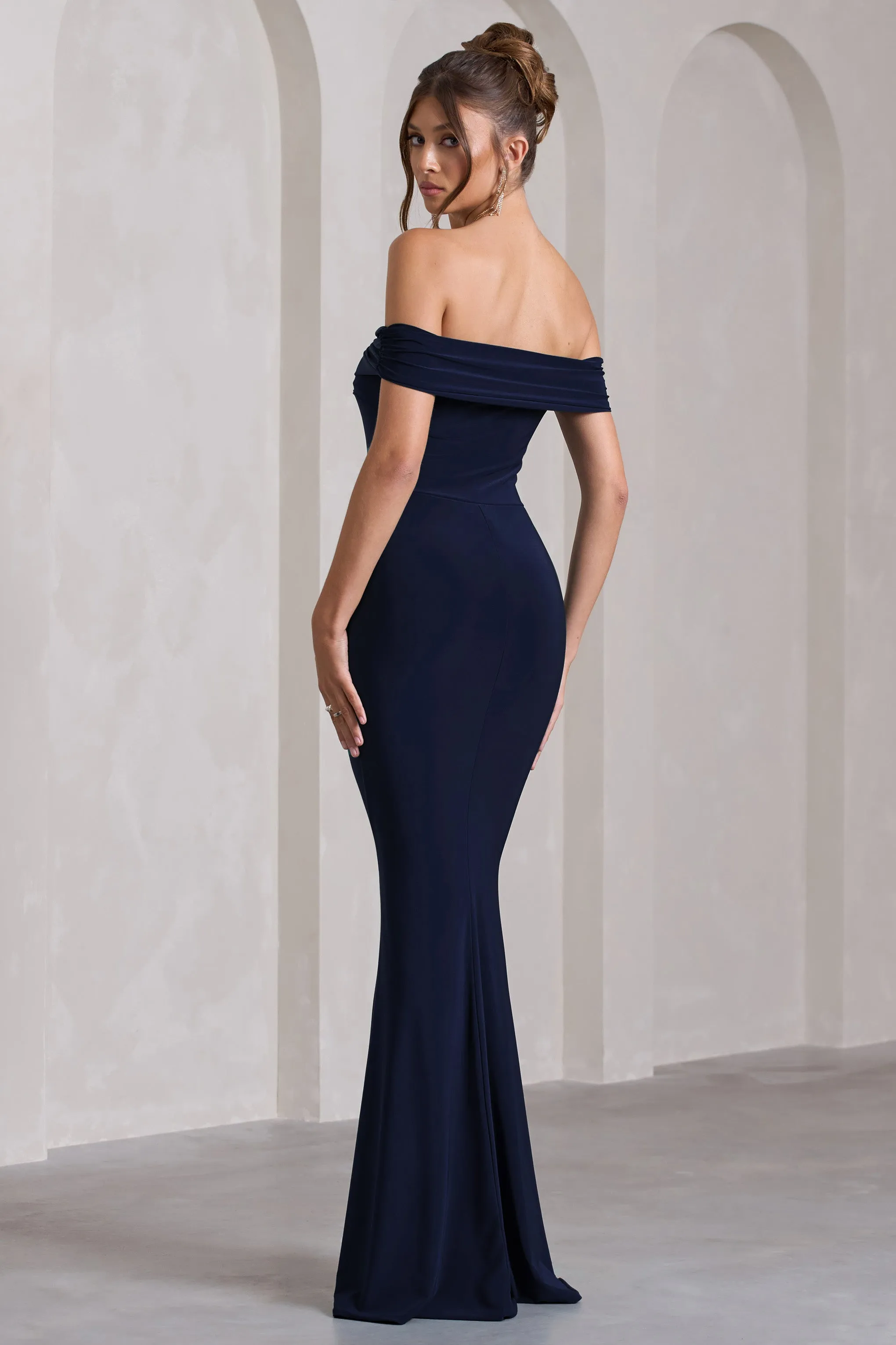 Law of Attraction | Navy Bardot Draped Split Maxi Dress