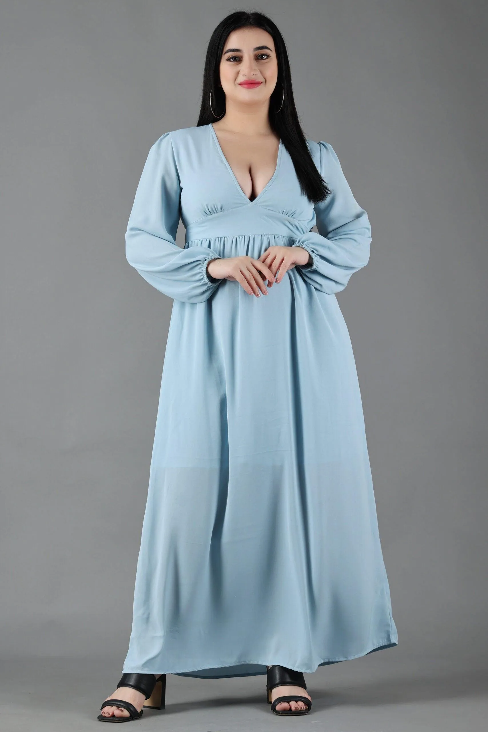 Light Blue Solid Dress with Plunge Neck