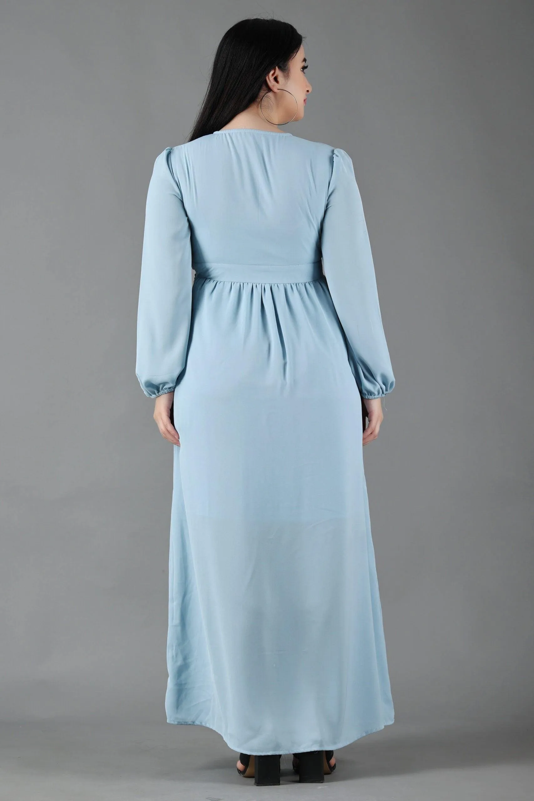 Light Blue Solid Dress with Plunge Neck