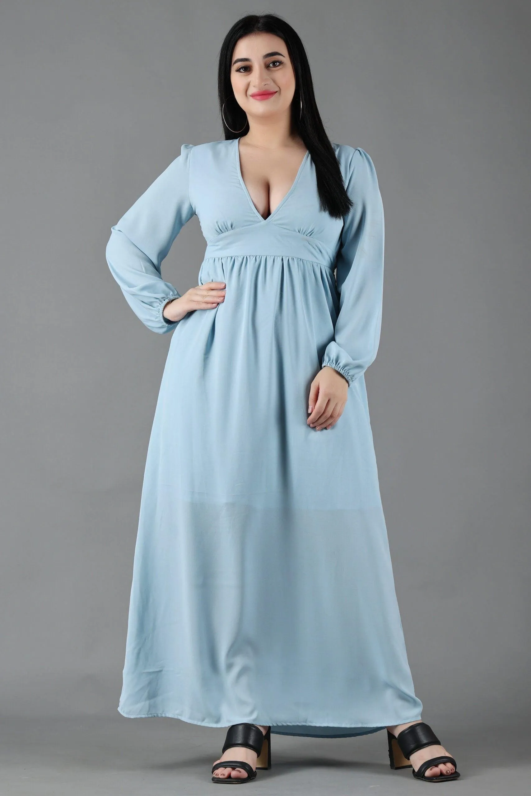 Light Blue Solid Dress with Plunge Neck