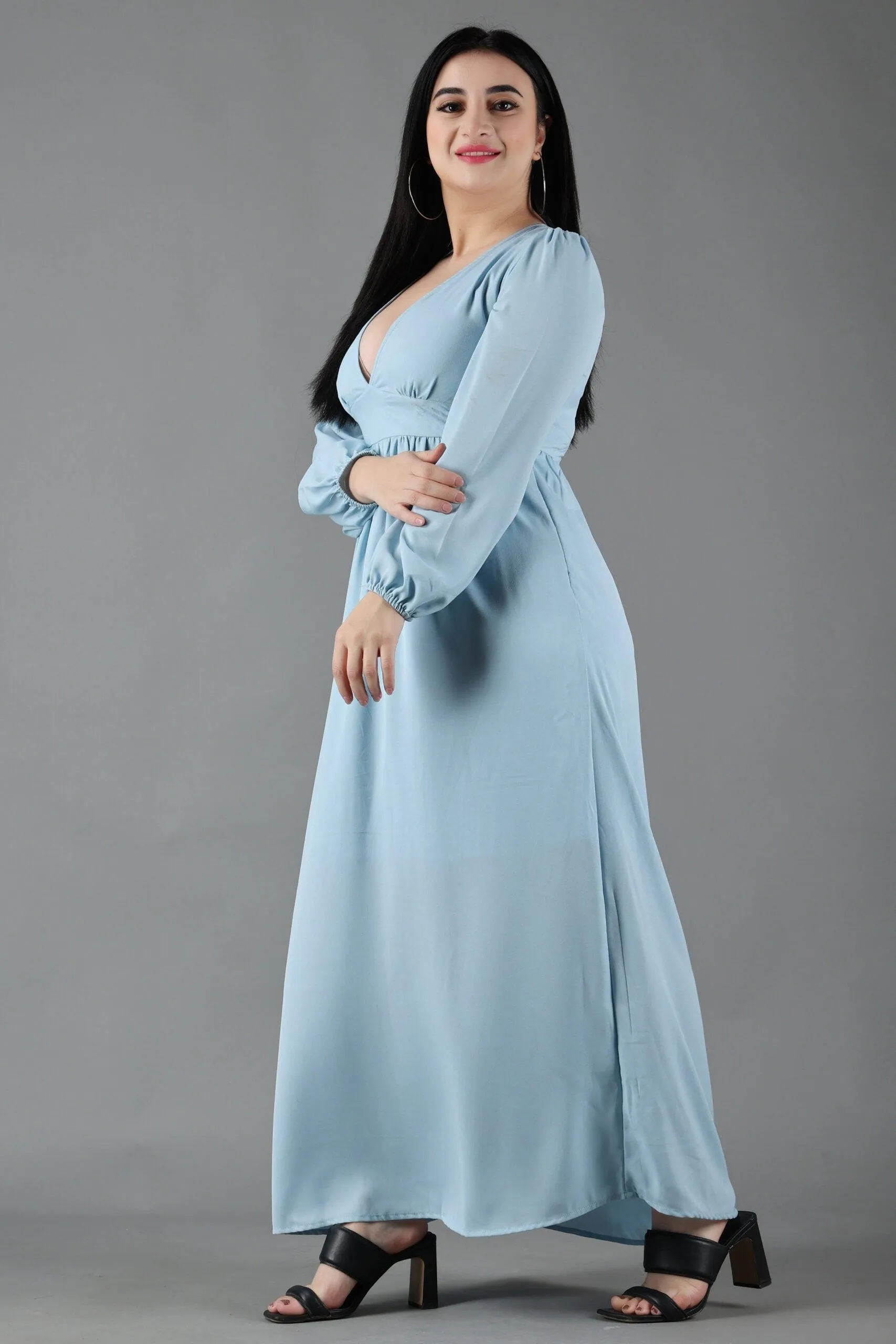 Light Blue Solid Dress with Plunge Neck