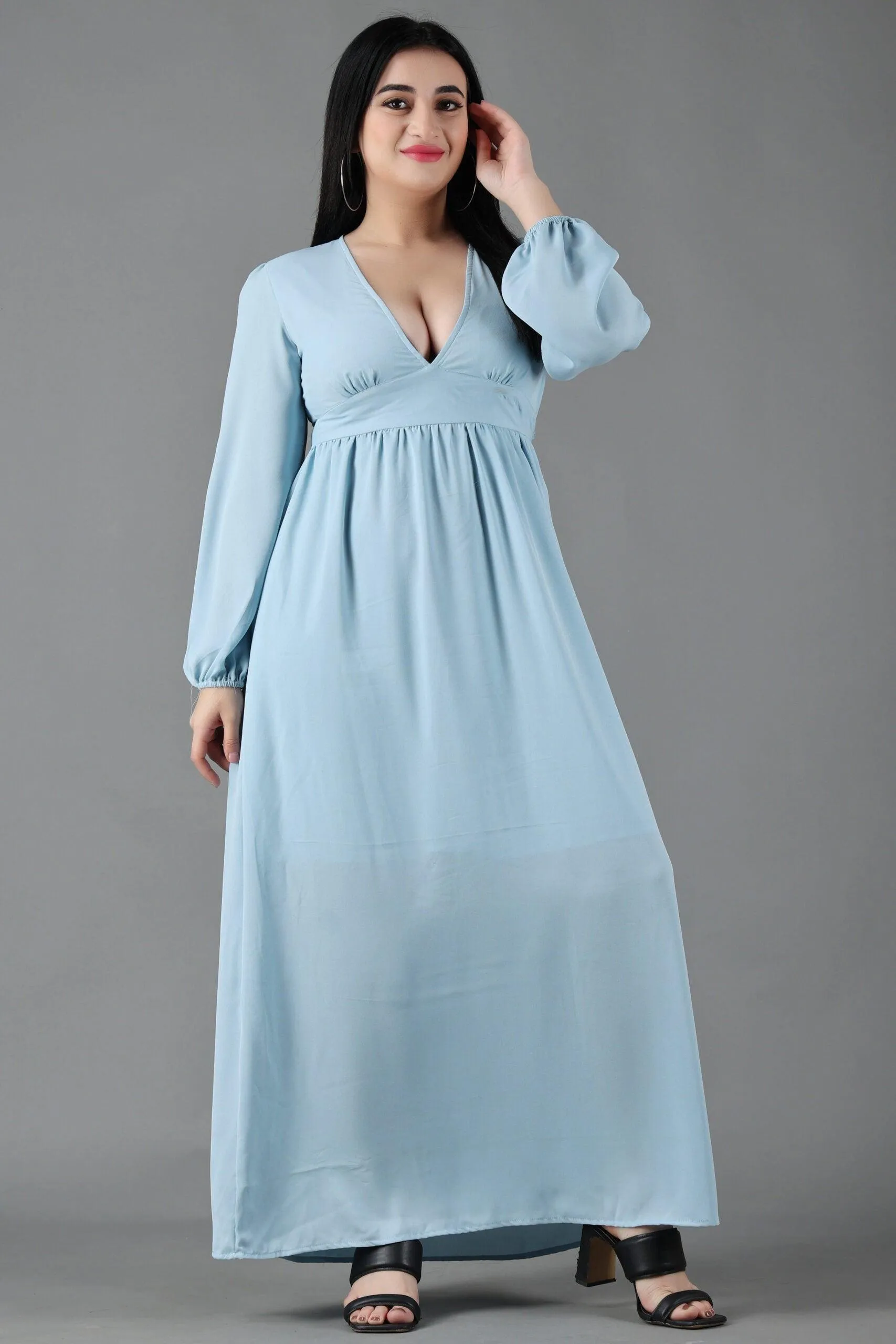 Light Blue Solid Dress with Plunge Neck