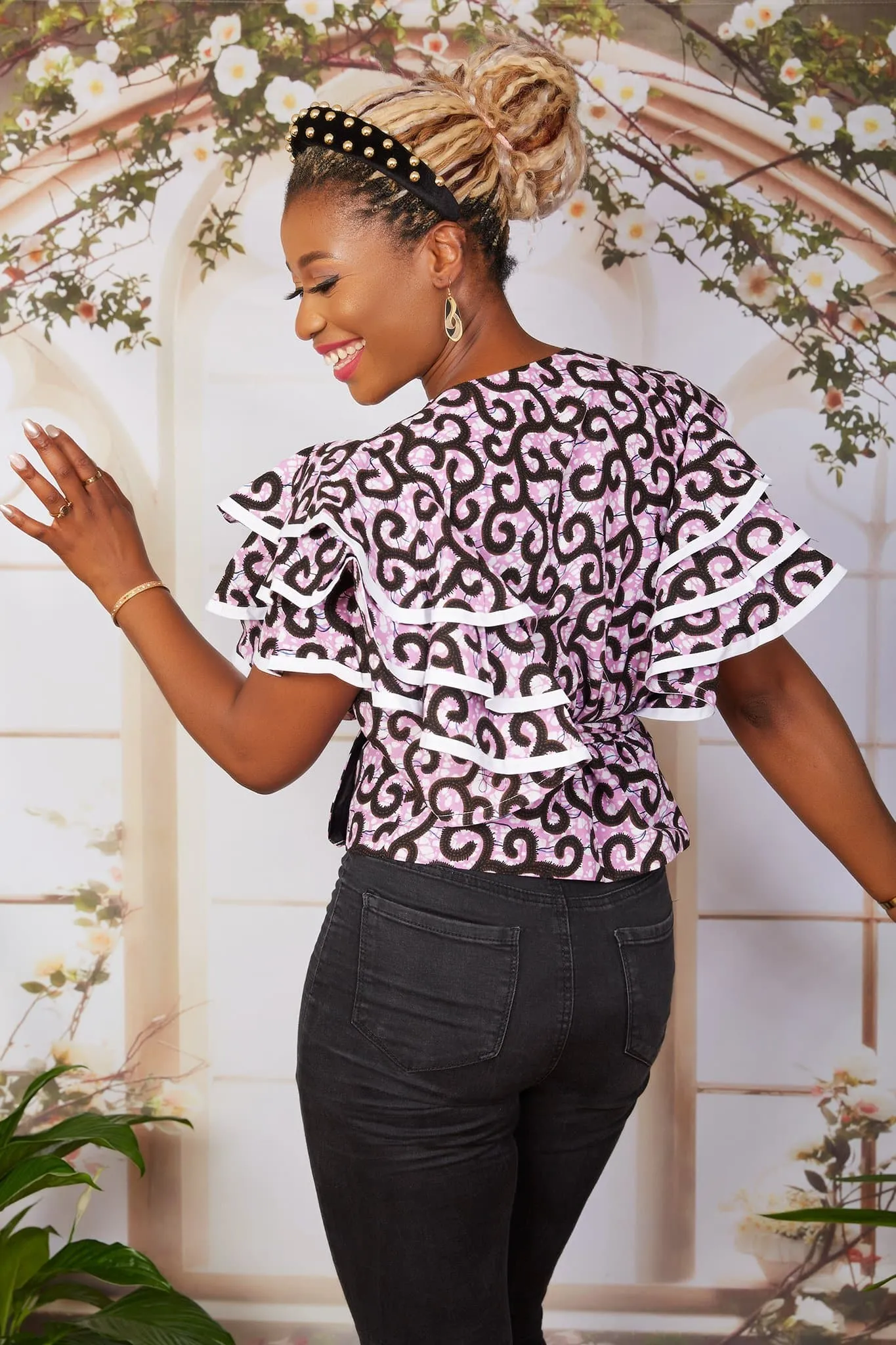 Liliac African Print Wrap Blouse with Exaggerated Sleeves- Nini