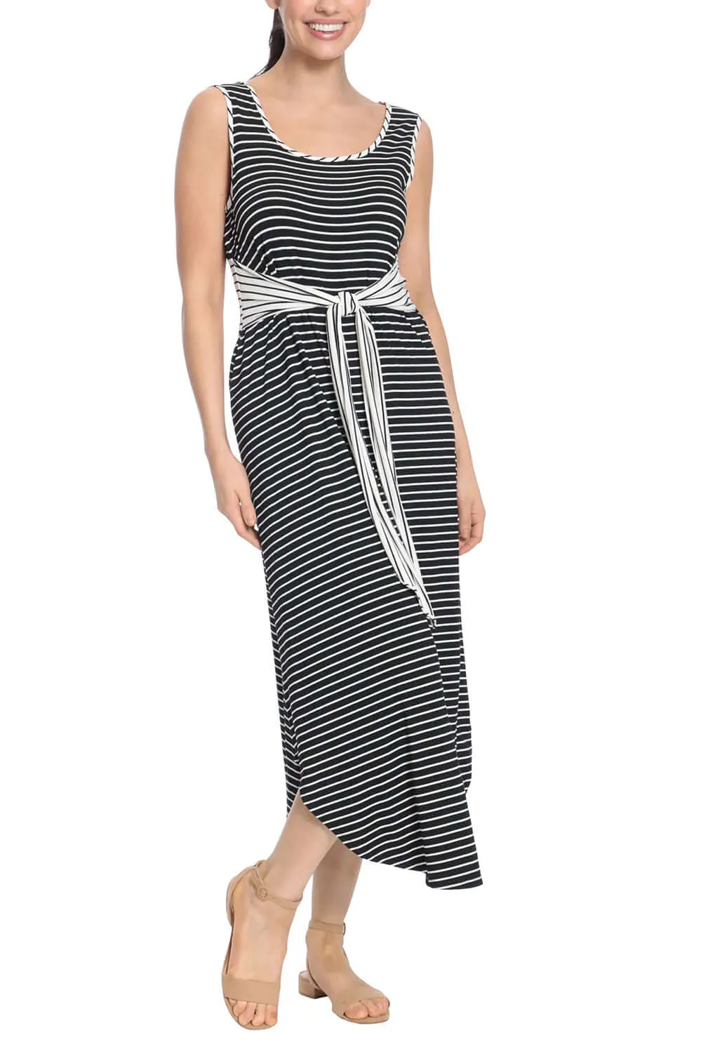 London Times Scoop Nek Sleeveless Tie Waist Stripe Print Rayon Maxi Dress