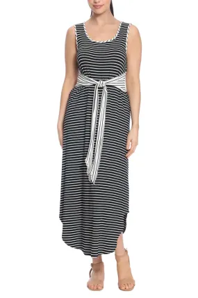 London Times Scoop Nek Sleeveless Tie Waist Stripe Print Rayon Maxi Dress