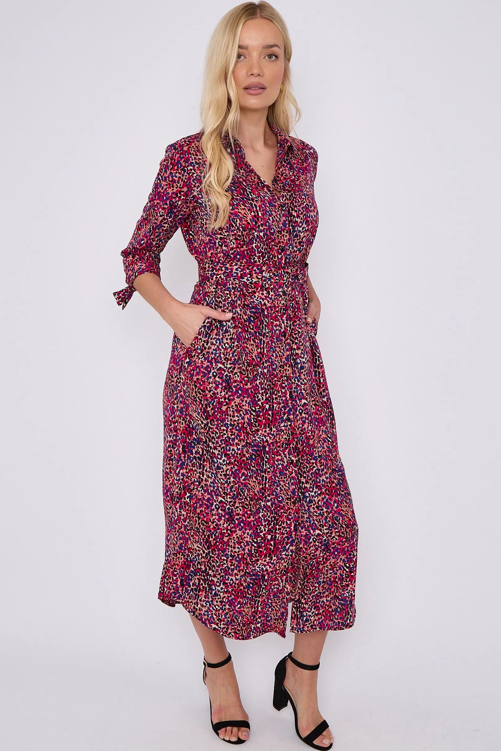 LOVE SUNSHINE Purple Leopard Print Half Sleeve Belted Maxi Shirt Dress