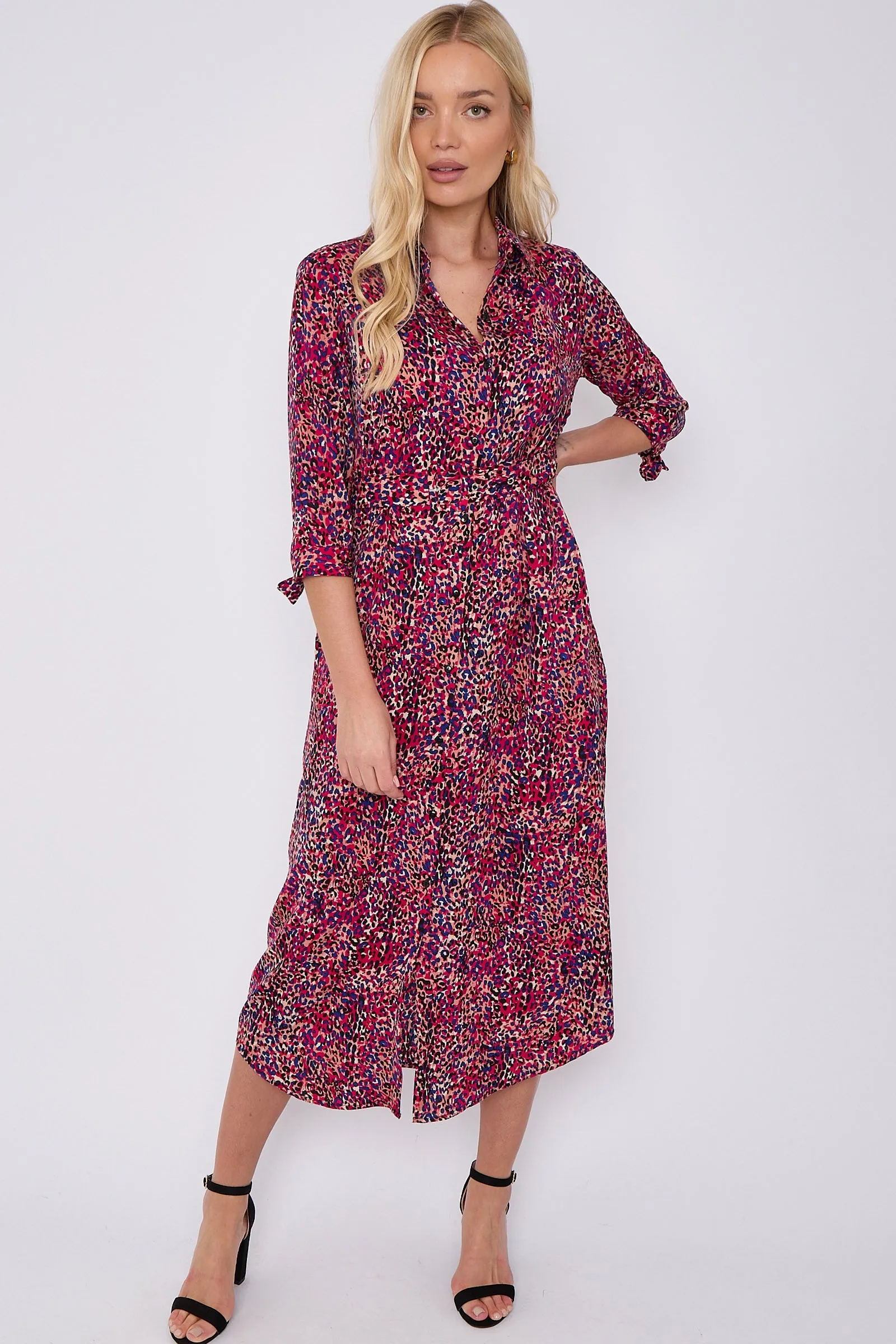 LOVE SUNSHINE Purple Leopard Print Half Sleeve Belted Maxi Shirt Dress