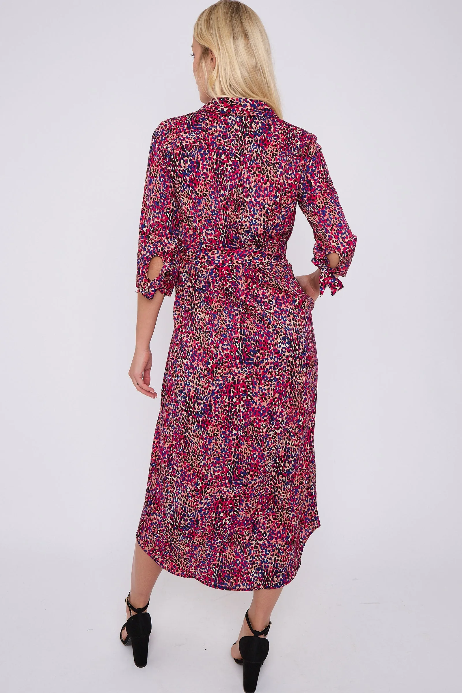 LOVE SUNSHINE Purple Leopard Print Half Sleeve Belted Maxi Shirt Dress