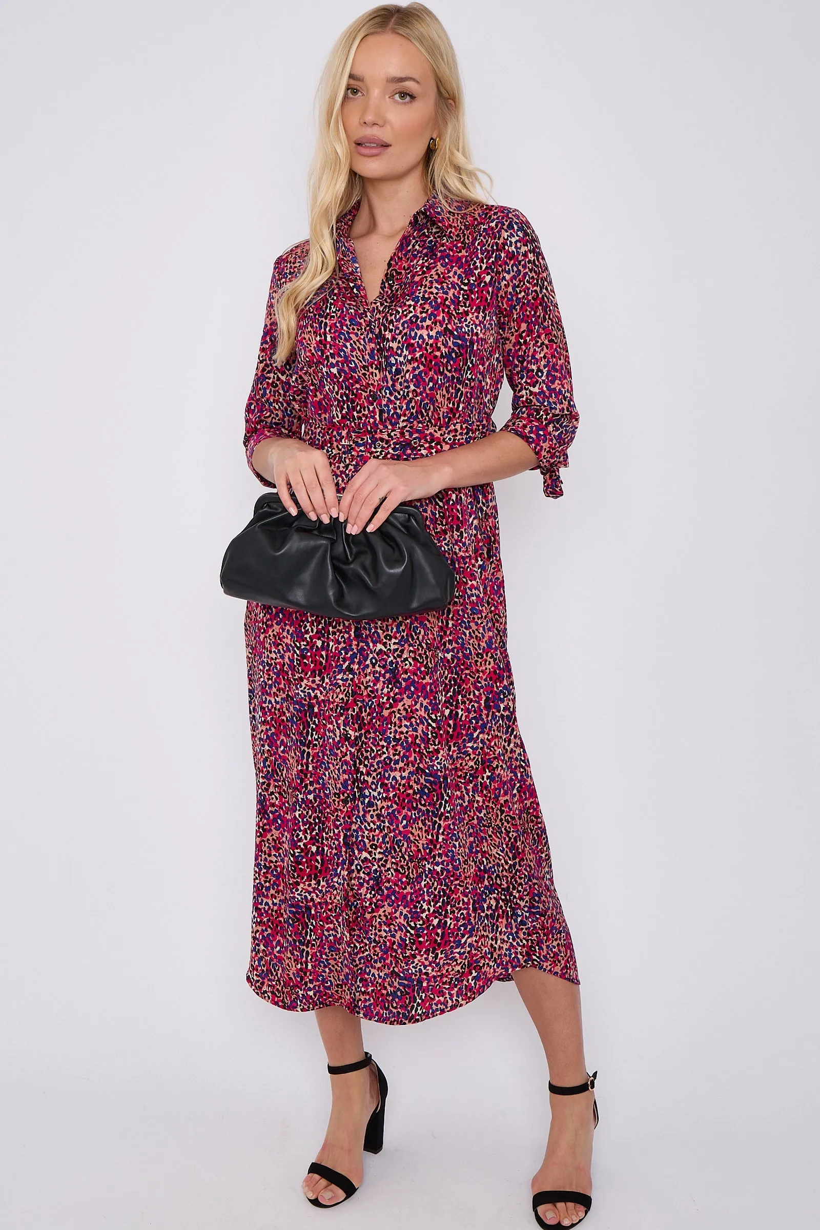 LOVE SUNSHINE Purple Leopard Print Half Sleeve Belted Maxi Shirt Dress