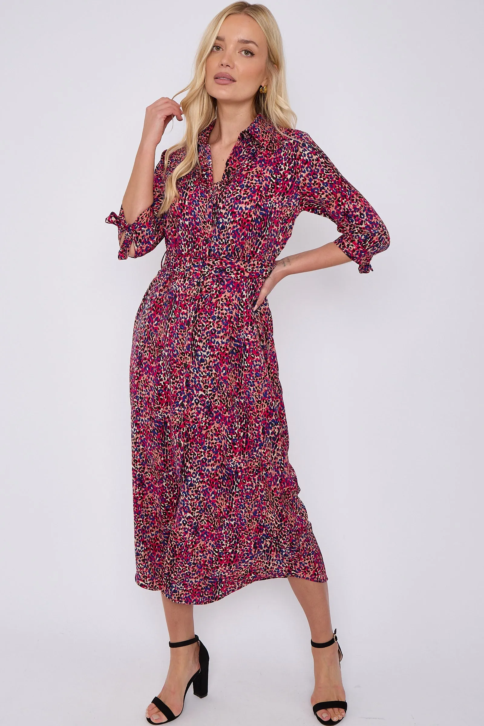 LOVE SUNSHINE Purple Leopard Print Half Sleeve Belted Maxi Shirt Dress