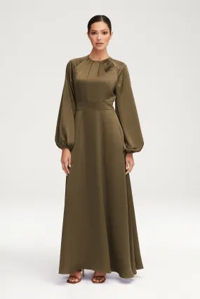 Luna Satin Balloon Sleeve Maxi Dress - Olive