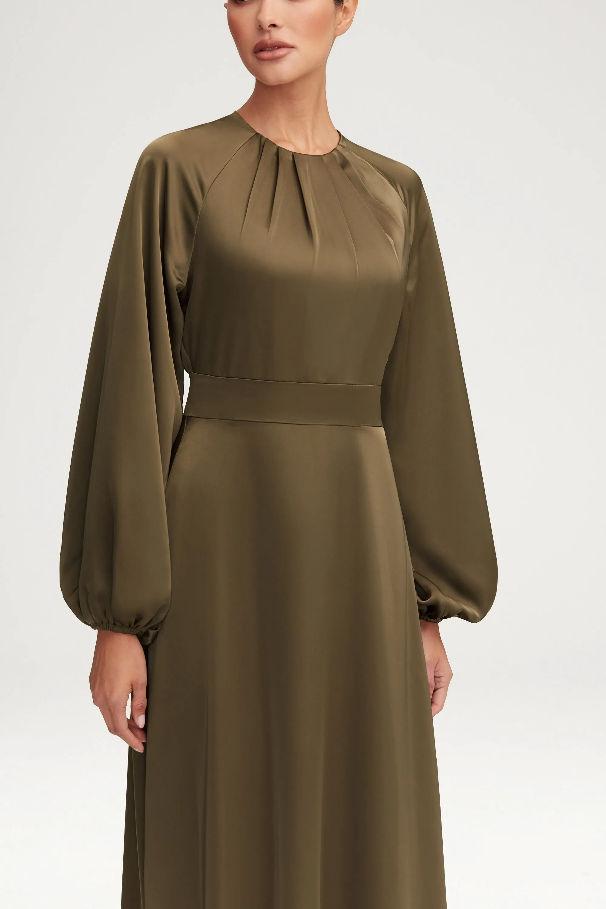 Luna Satin Balloon Sleeve Maxi Dress - Olive