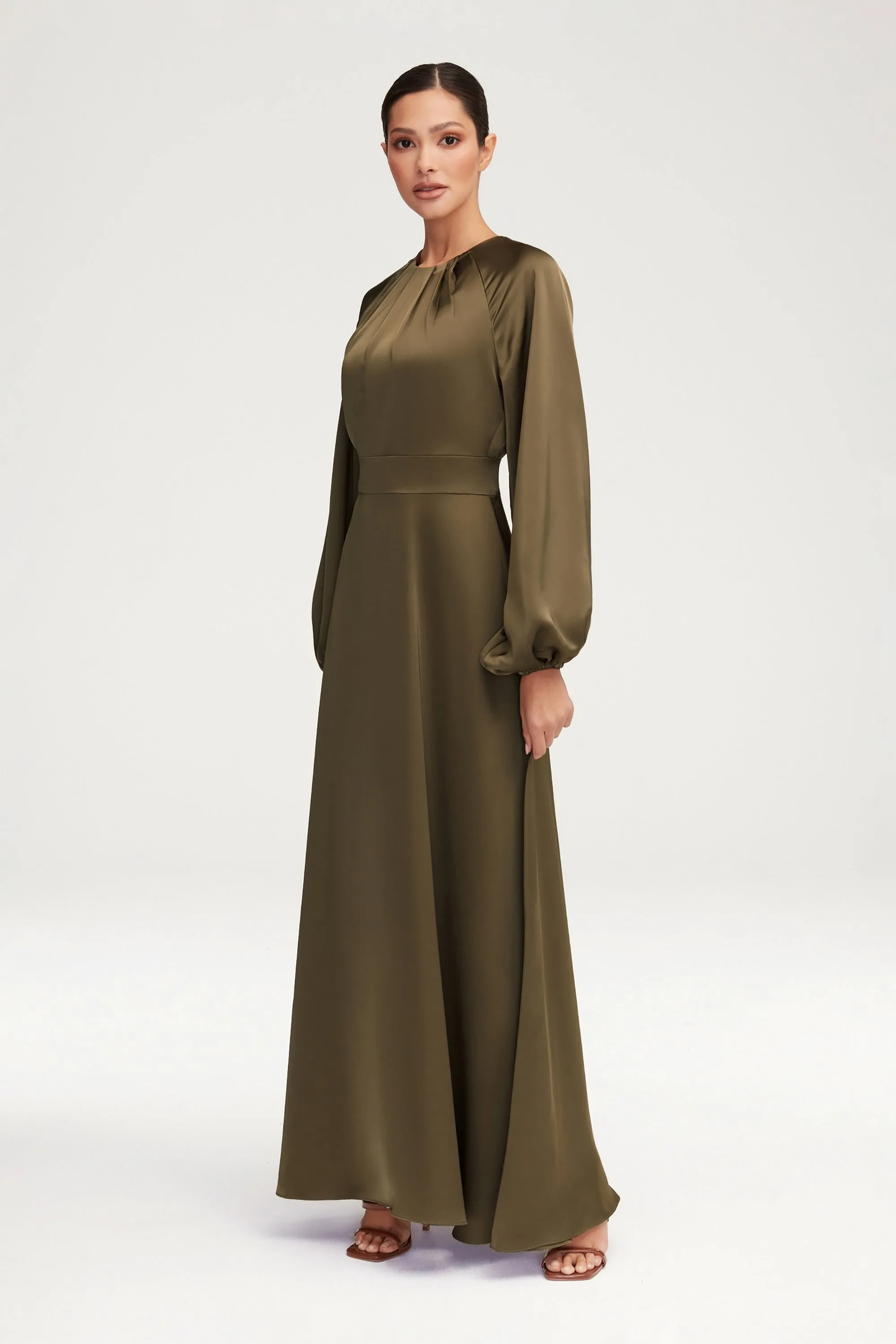 Luna Satin Balloon Sleeve Maxi Dress - Olive