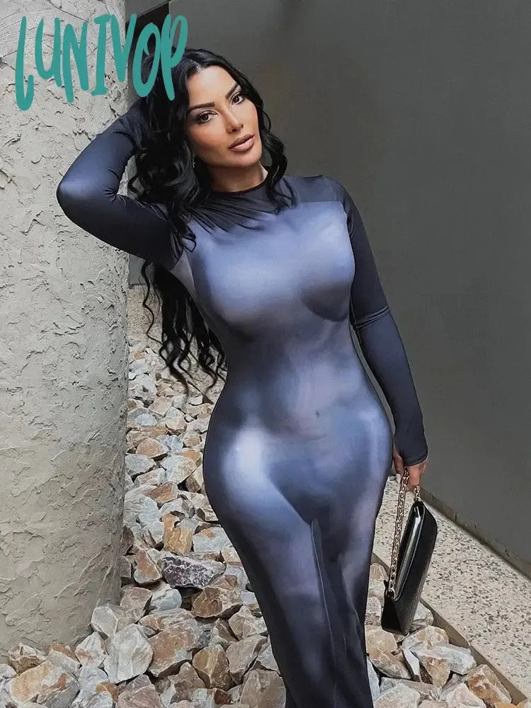 Lunivop 3D Body Print Maxi Dress Women Y2K Aesthetic Full Sleeve Unique Body-Shaping Attirewear Robe Stunning Lady Party Clubwear