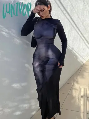 Lunivop 3D Body Print Maxi Dress Women Y2K Aesthetic Full Sleeve Unique Body-Shaping Attirewear Robe Stunning Lady Party Clubwear