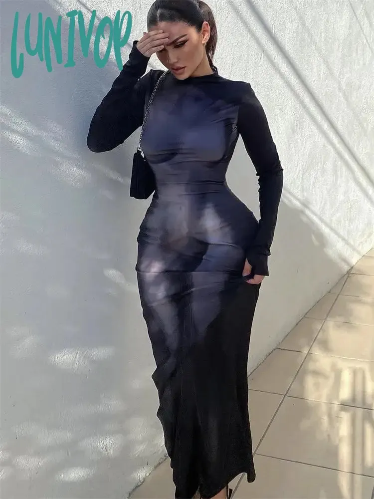 Lunivop 3D Body Print Maxi Dress Women Y2K Aesthetic Full Sleeve Unique Body-Shaping Attirewear Robe Stunning Lady Party Clubwear