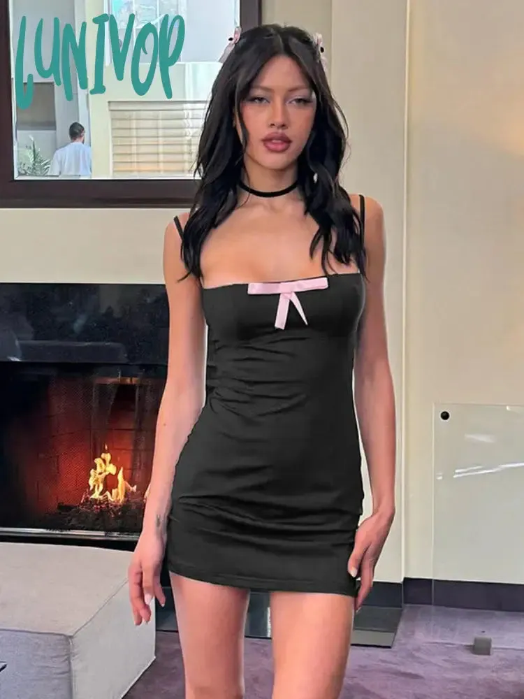 Lunivop Black Backless Mini Bodycon Dress Sexy Y2k Coquett Clothes Bow Summer Dresses for Women 2024 Clubwear