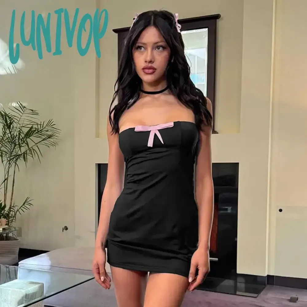 Lunivop Black Backless Mini Bodycon Dress Sexy Y2k Coquett Clothes Bow Summer Dresses for Women 2024 Clubwear