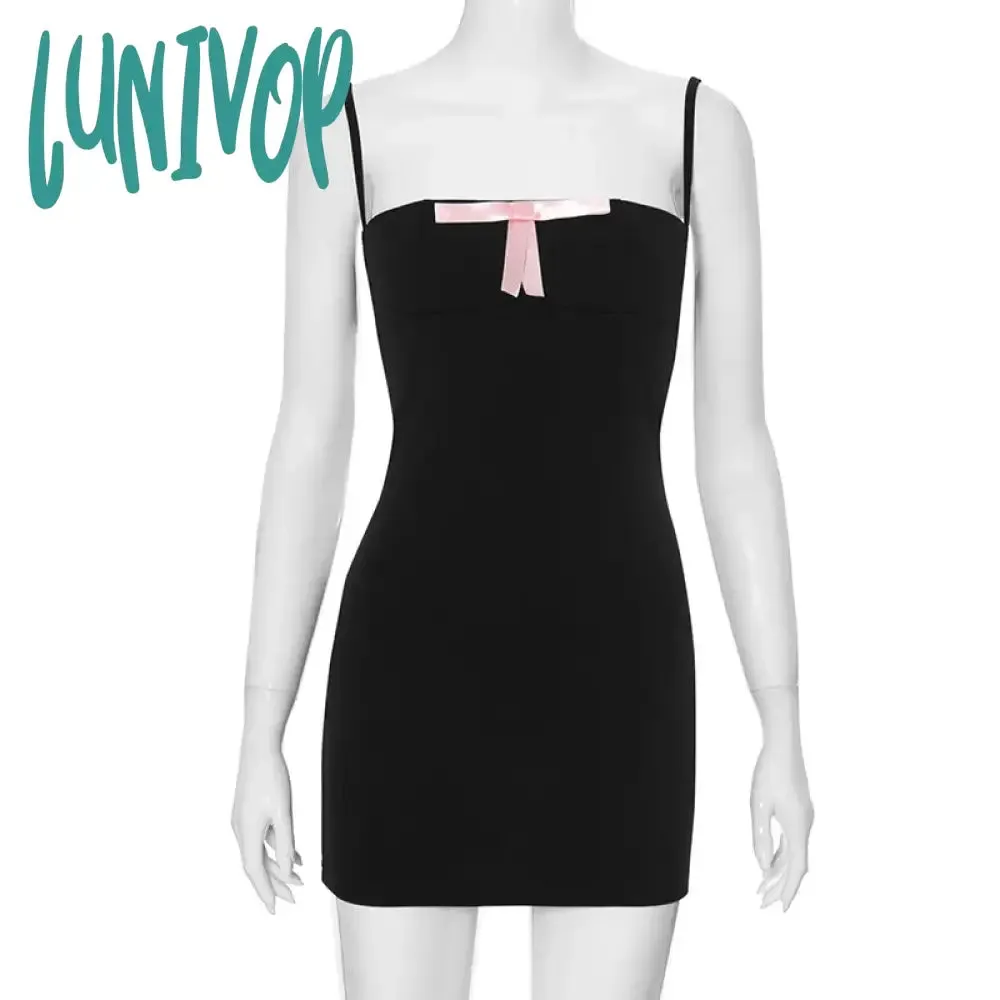 Lunivop Black Backless Mini Bodycon Dress Sexy Y2k Coquett Clothes Bow Summer Dresses for Women 2024 Clubwear