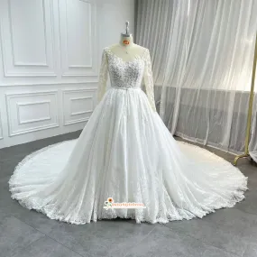 Luxury Long Sleeve Lace Church Wedding Dress with Long Train