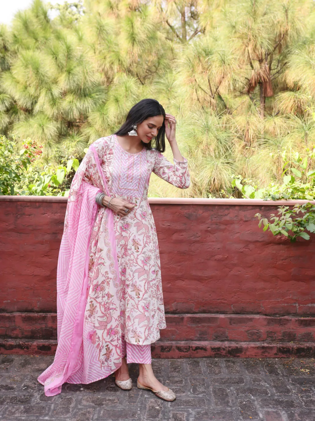 MADHUBAN - FLORAL PRINT PURE COTTON ANARKALI KURTA SET WITH MULMUL DUPATTA AND INTRICATE EMBROIDERY WORK