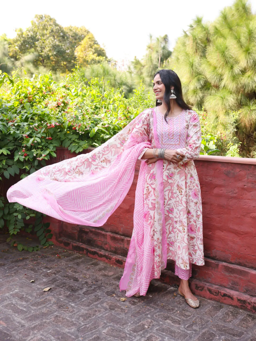 MADHUBAN - FLORAL PRINT PURE COTTON ANARKALI KURTA SET WITH MULMUL DUPATTA AND INTRICATE EMBROIDERY WORK