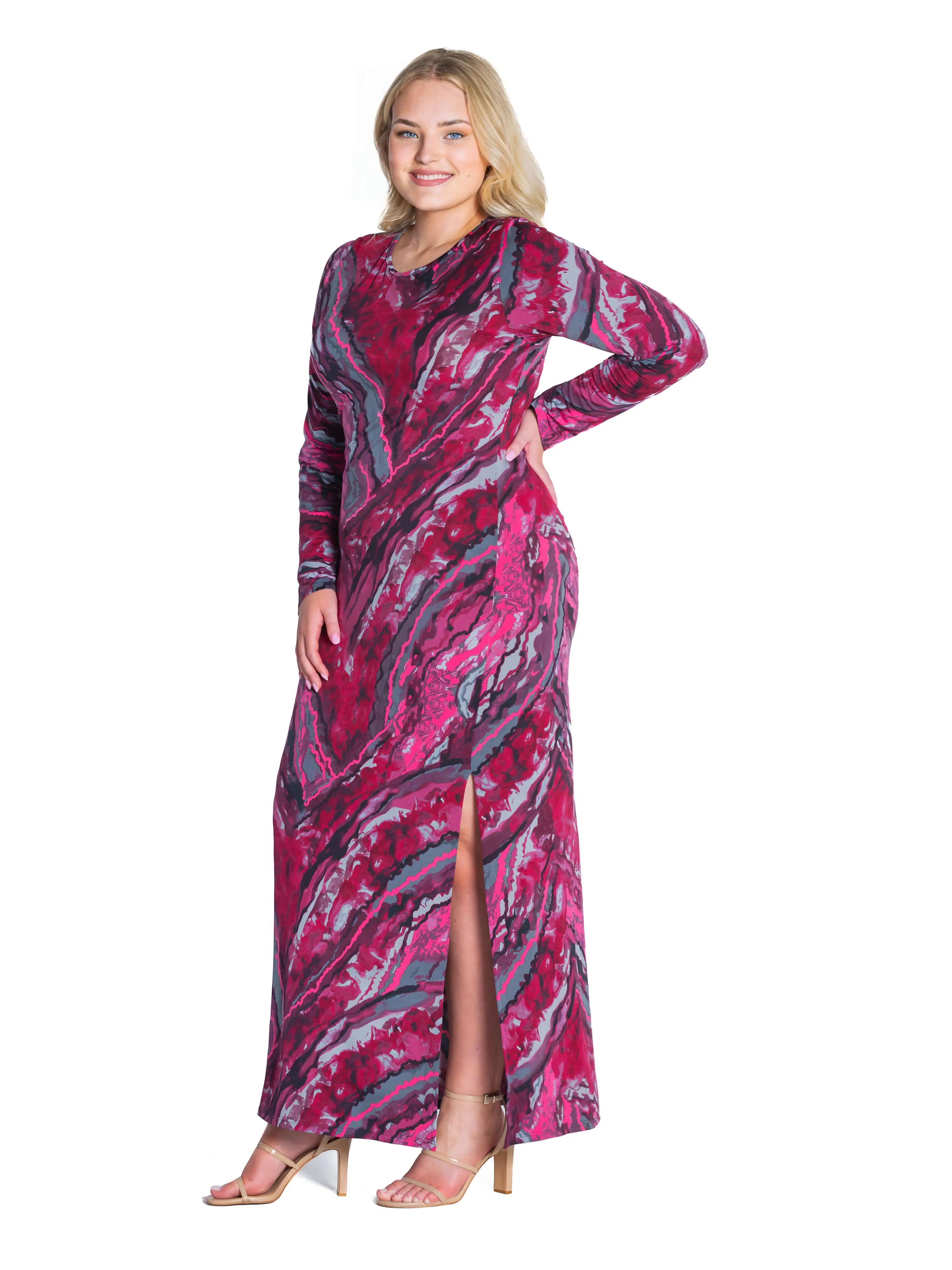 Magenta Print Long Sleeve Side Slit Plus Size Maxi Dress