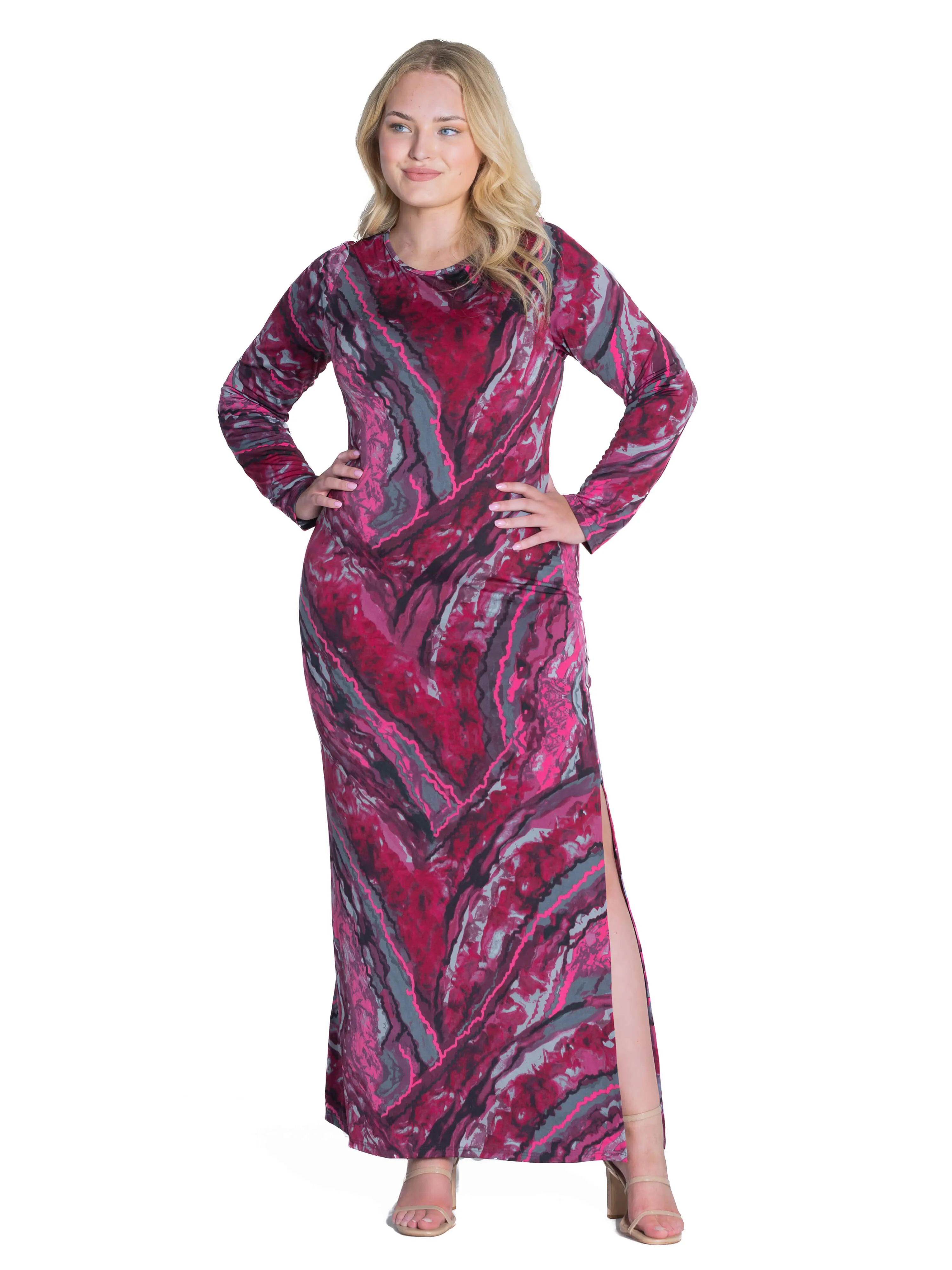 Magenta Print Long Sleeve Side Slit Plus Size Maxi Dress